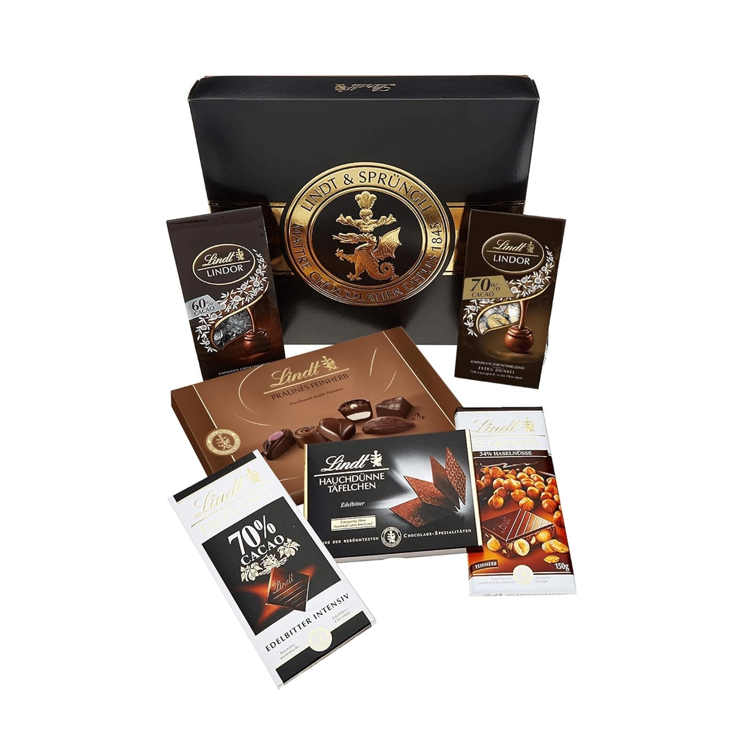 Lindt Mörk Choklad Set | 847 g | Set med 6 Lindt mörk choklad specialiteter (bars, LINDOR, praliner) från halvsöt till extra mörk | Bulkpaket | Choklad present