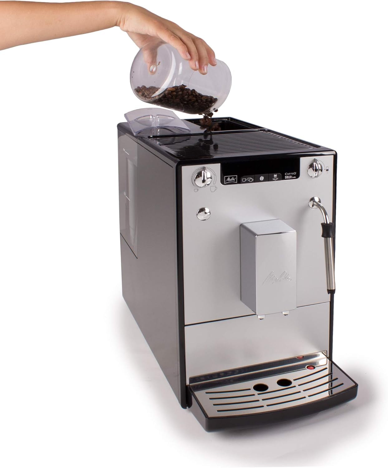 Melitta Solo & Milk - helautomatisk slim kaffemaskin med mjölkskummare, kaffemaskin med avtagbar vattentank, t.ex. kaffe eller cappuccino, silver