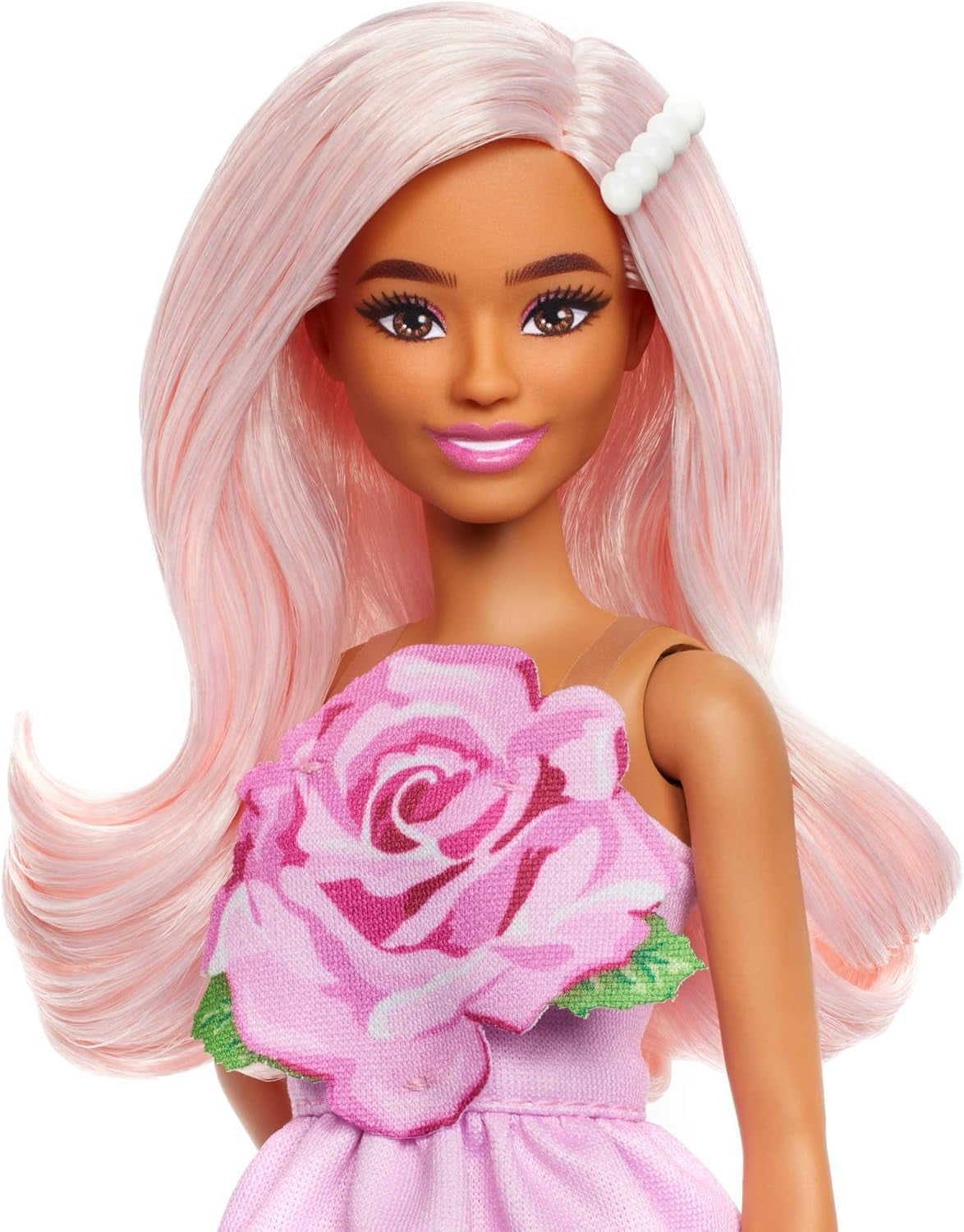 Barbie Fashionistas docka nr. 238 med pastellrosa hår, axelbandslös klänning med rosa livstycke, pärlhårklämma och höga klackar och hårspännen, HYT94