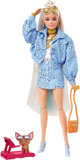 Barbie HDJ46 - Extra docka i klänning med baskettröja och tillbehör, Corgi Pet, extra långt lockigt hår med rosa ränder och flexibla leder, presentleksak för barn 3+ Naty Shop Dolls 0