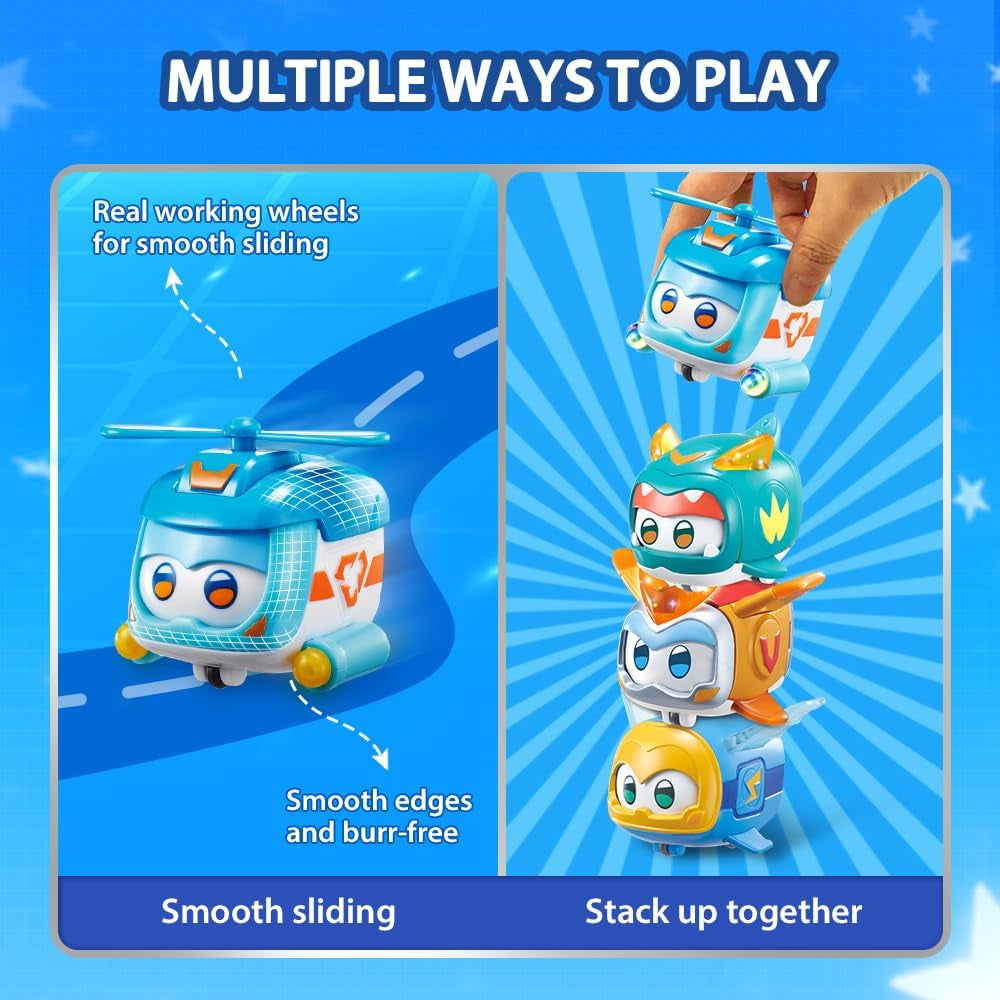 Super Wings Super Pets 4 ST Shine, Golden Boy, Jerome, Ellie Switchable Ansiktsuttryck Blixteffekt Bärbar leksak för 3 4 5 6 7 8 Years Old Boy Girl 2 Inch Actionfigurer Naty Shop