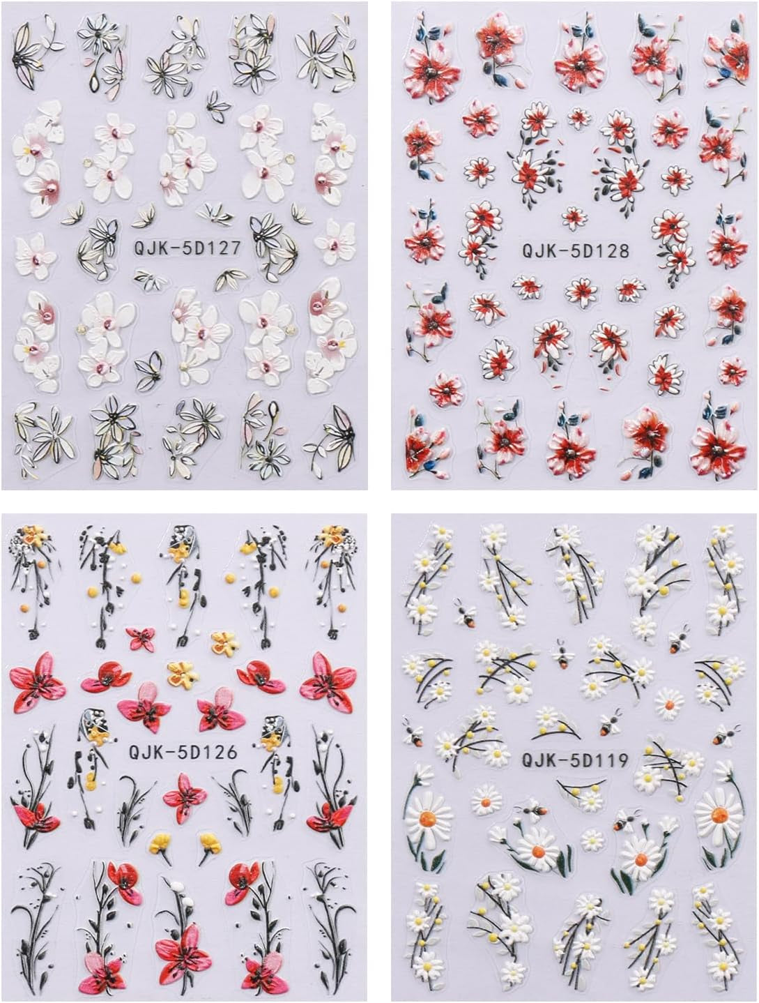 JMEOWIO 3D Nagelsticker Blumen Nail Art Sticker Selbstklebend Nagelaufkleber 5D Stereoskopisk Frühling Sommer Dekoration Nageldesign Zubehör 4 Blatt