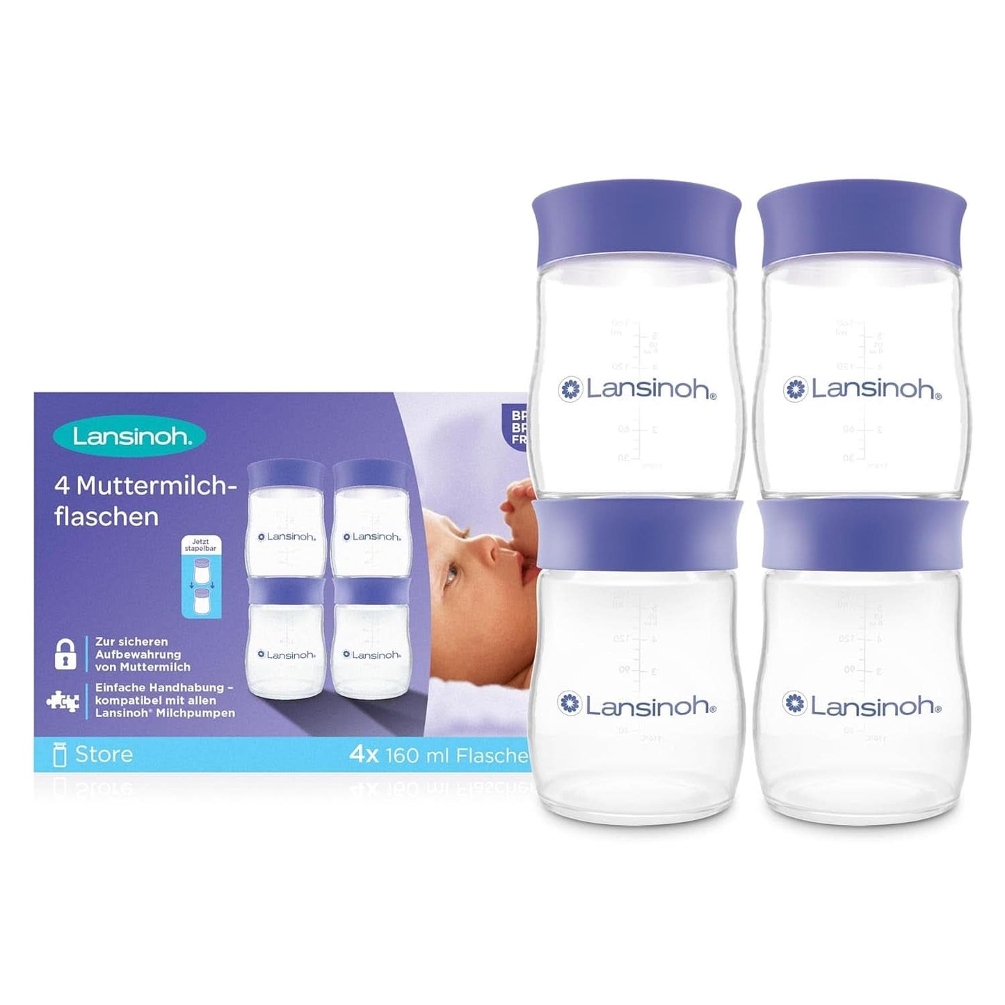 Lansinoh Muttermilchflaschen, 4 X 160 Ml - Zur Sicheren Muttermilch Austellungen - Neues Kompaktes Design Für Verbesserte Stabilität - Mit Stapelbarem Deckel Tillbehör Mat och amning Bebe Naty Shop