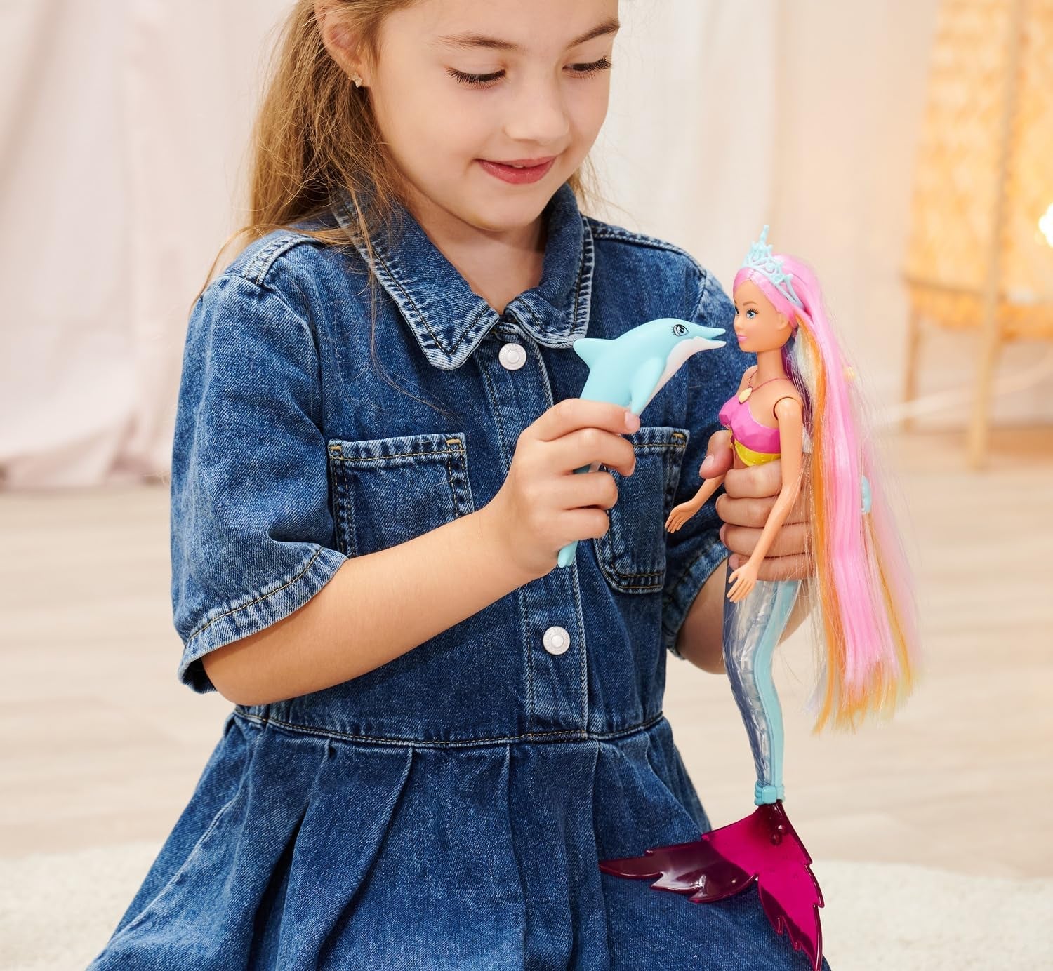 Simba Steffi Love Mermaizing Mermaid Doll med regnbågsljusfunktion, extra långt hår, delfinfigur och hårklämmor, 39 cm höjd, prova-mig-funktion, åldrar 3+