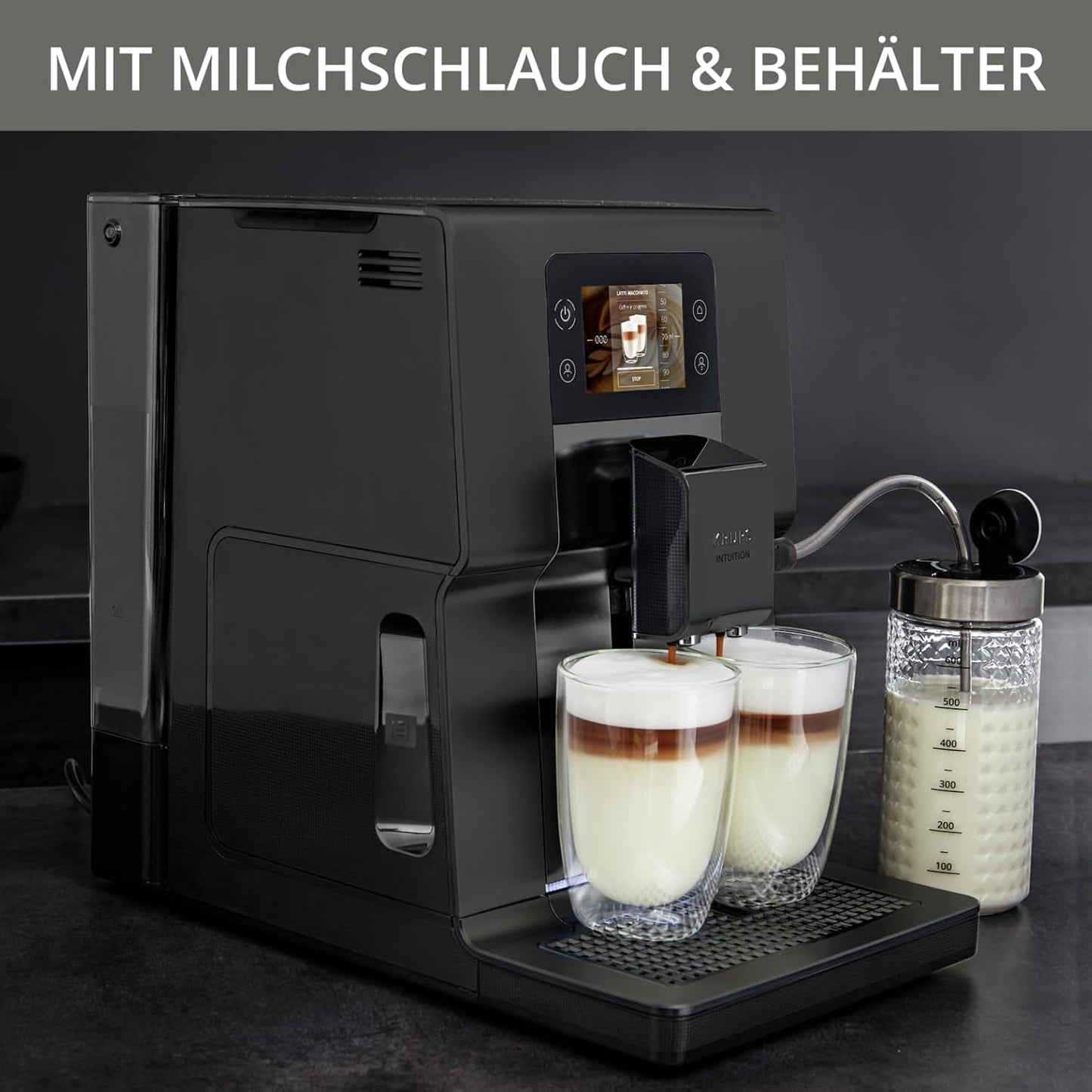 Krups Intuition Preference helautomatisk espressomaskin med smartphone-liknande funktion, 3,5" färgpekskärm, Smart Slide-teknik, intuitivt belysningssystem, 11 drycker, mjölkbehållare, EA873810