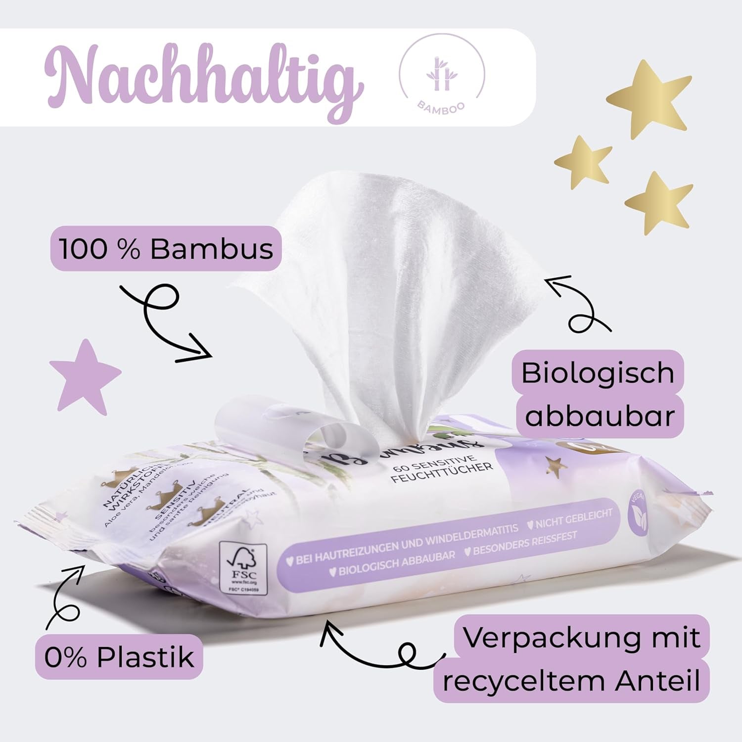 Millis Bamboo Baby Sensitive våtservetter för ömtålig babyhud - 5 x 60 stycken - Naturlig, skonsam och hållbar rengöring - Biologiskt nedbrytbara babyservetter, plastfria och alkoholfria