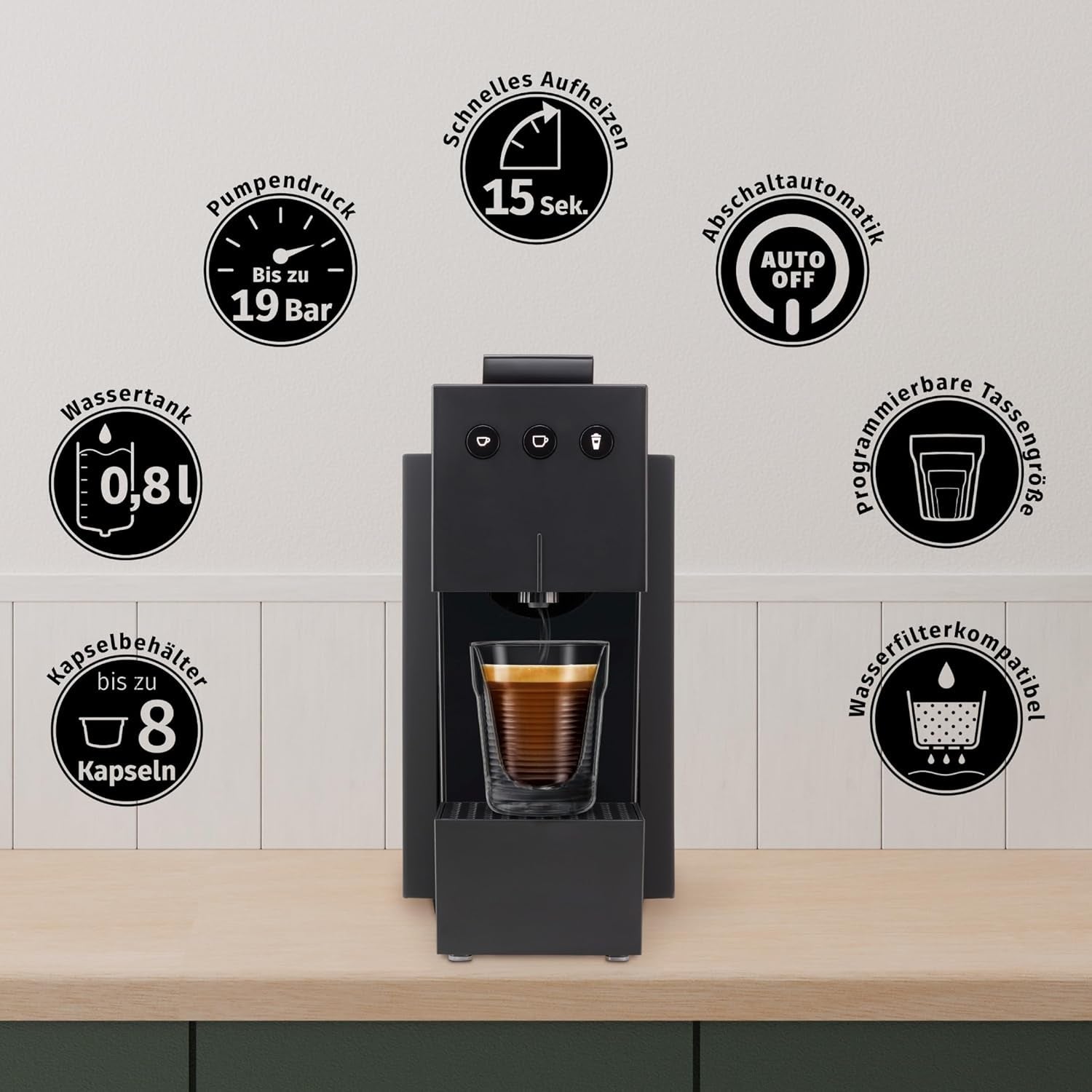 Espressomaskin med K-FEE SQUARE kapslar för kaffe, te och kakao | Kompakt espresso | Snabb uppvärmning | 0,8 l vattentank | 19 takter | Piano svart