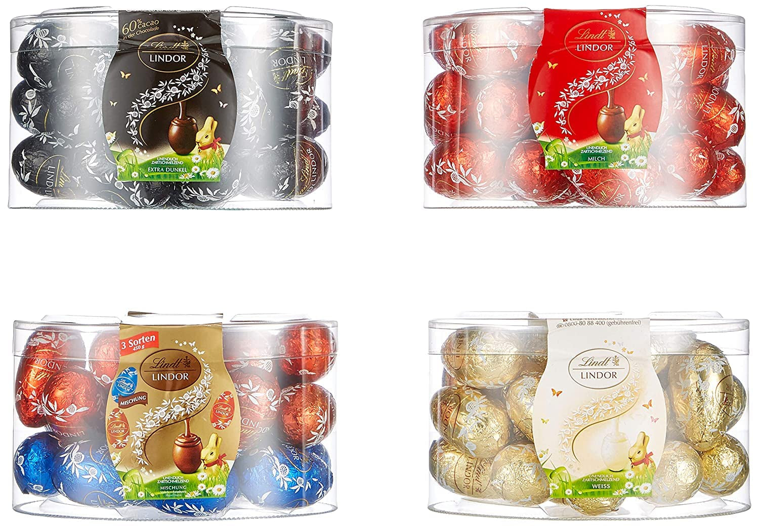 LINDOR ägg med Lindt choklad | 4 lådor à 450 g vardera | LINDOR-ägg med smält-i-munnen mjölkchoklad, vit, mörk och hasselnötsfyllning | Påskchoklad | Gåva av choklad | Påskägg | Choklad ägg