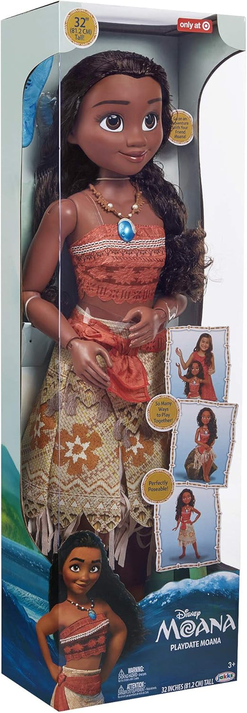 Disney Princess Vaiana, 80 cm stora Spielpuppe von Jakks Pacific, bewegliche Puppe, mit Bürste zum Kämmen ihrer wellligen Locken, vom Film inspired Kleid, abnehmbare Halskette mit Anhänger