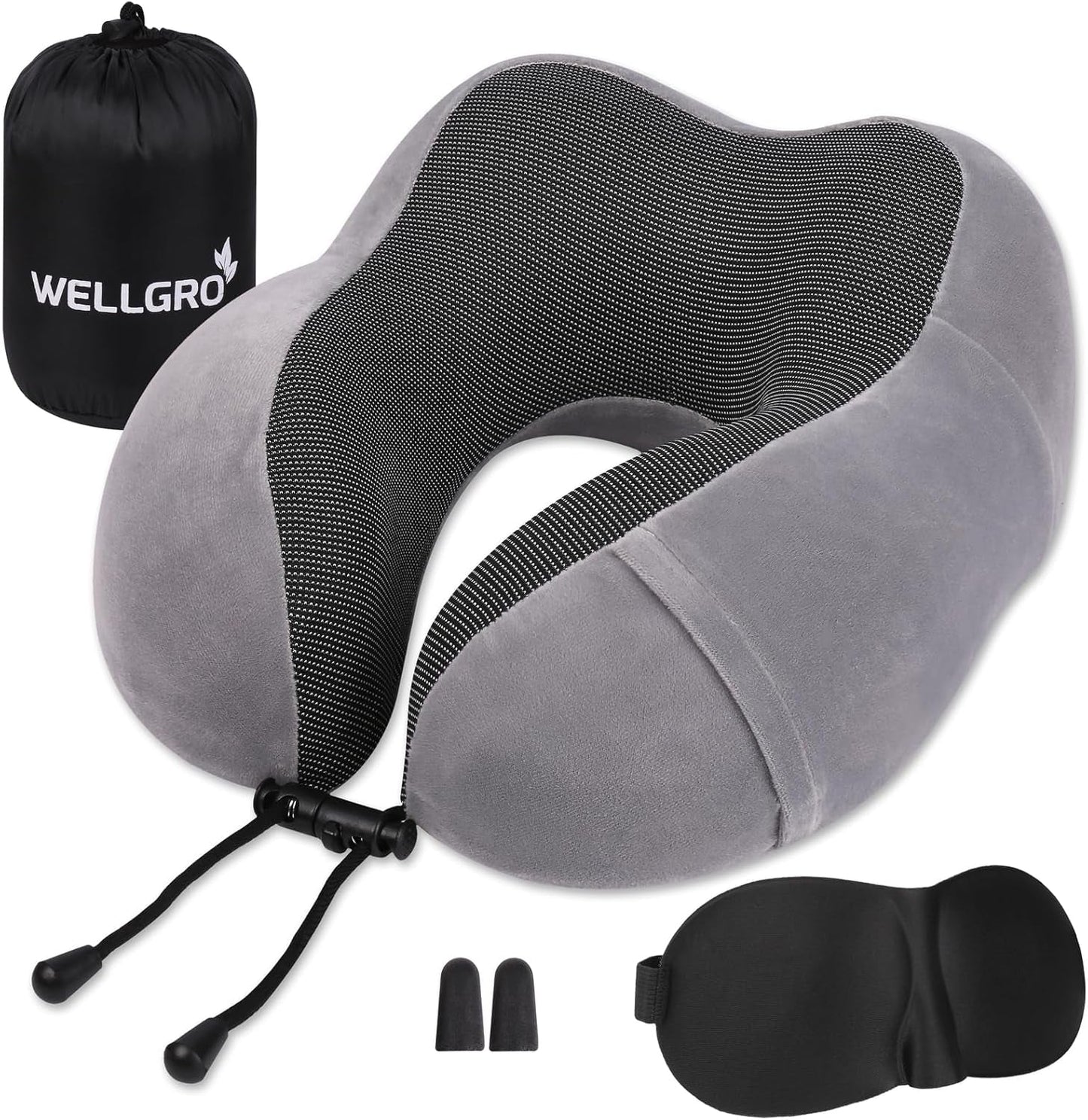 WELLGRO nackkuddsset med 3D-sömnmask och öronproppar - Avtagbart skydd - Memory Foam - Dragkedja - Inklusive förvaringsväska - Resekudde - Valbar färg, Färg: Grå Naty Shop Grå ortopediska livmoderskuddskuddar