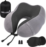 WELLGRO nackkuddsset med 3D-sömnmask och öronproppar - Avtagbart skydd - Memory Foam - Dragkedja - Inklusive förvaringsväska - Resekudde - Valbar färg, Färg: Grå Naty Shop Grå ortopediska livmoderskuddskuddar