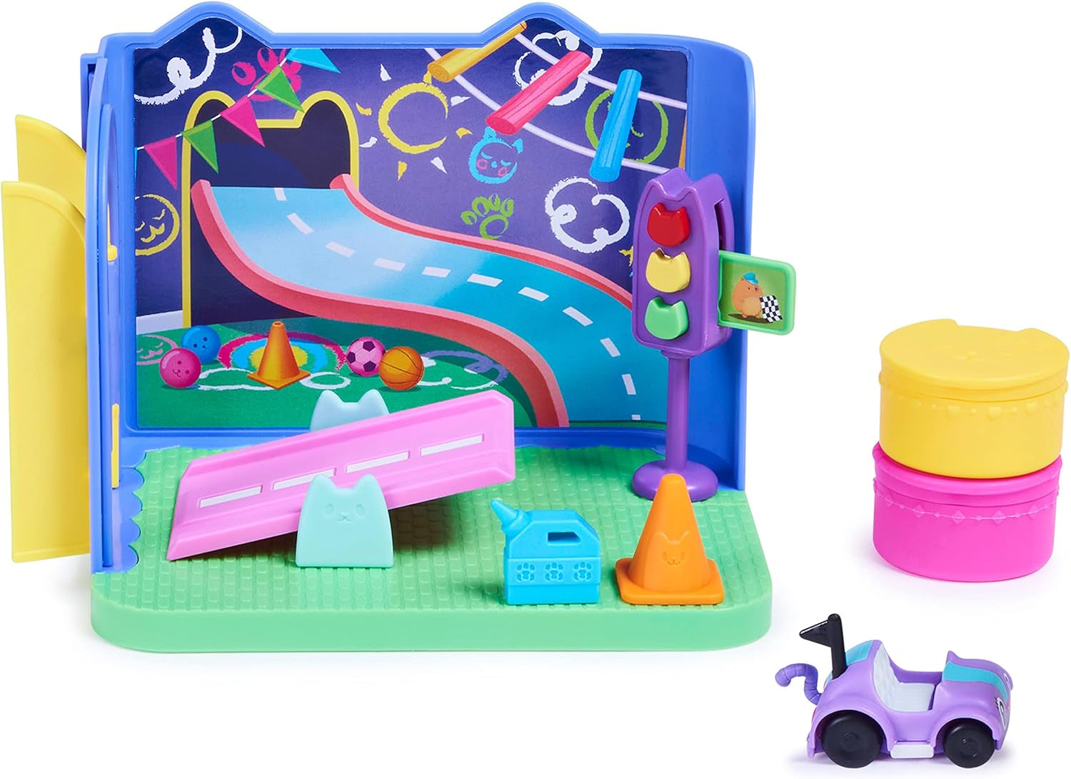 Gabby's Dollhouse Deluxe-rum, Purr-Ific-lekrum, lekrum med Carlita-leksaksbil, 2 möbler och 2 överraskningslådor med tillbehör, lämplig för åldrarna 3+ Naty Shop Dollhouses