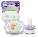 Philips AVENT Ultra Start nattnapp, ortodontisk napp för nyfödda, Glow in the Dark, BPA-fri, med steriliseringsbehållare, Twin Pack, Moon, Star, SCF075/07