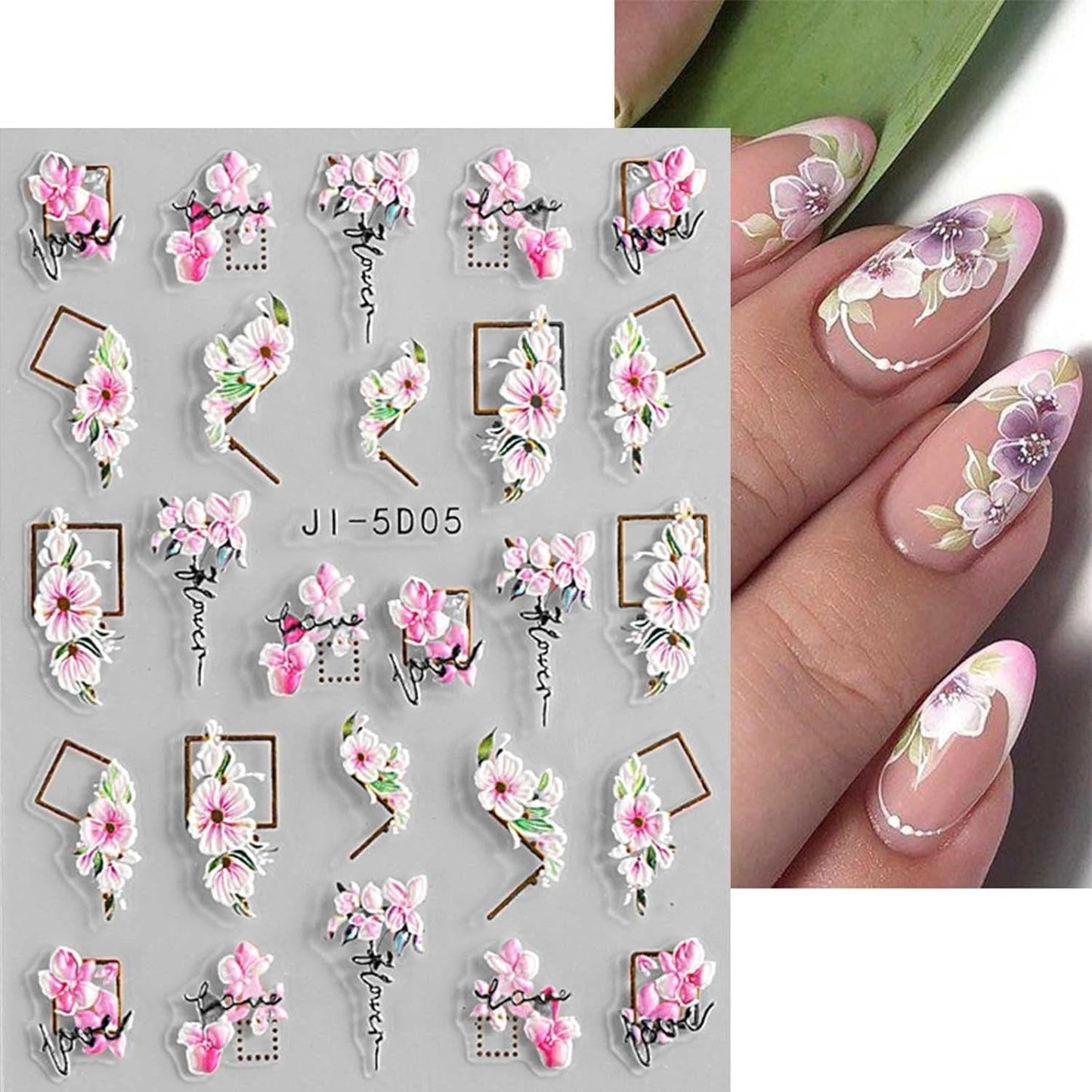 JMEOWIO 3D Nagelsticker Frühling Blume Nail Art Sticker Selbstklebend Nagelaufkleber 5D Stereoskopisk Buntes Sommer Blumen Dekoration Nageldesign Zubehör 4 Blatt