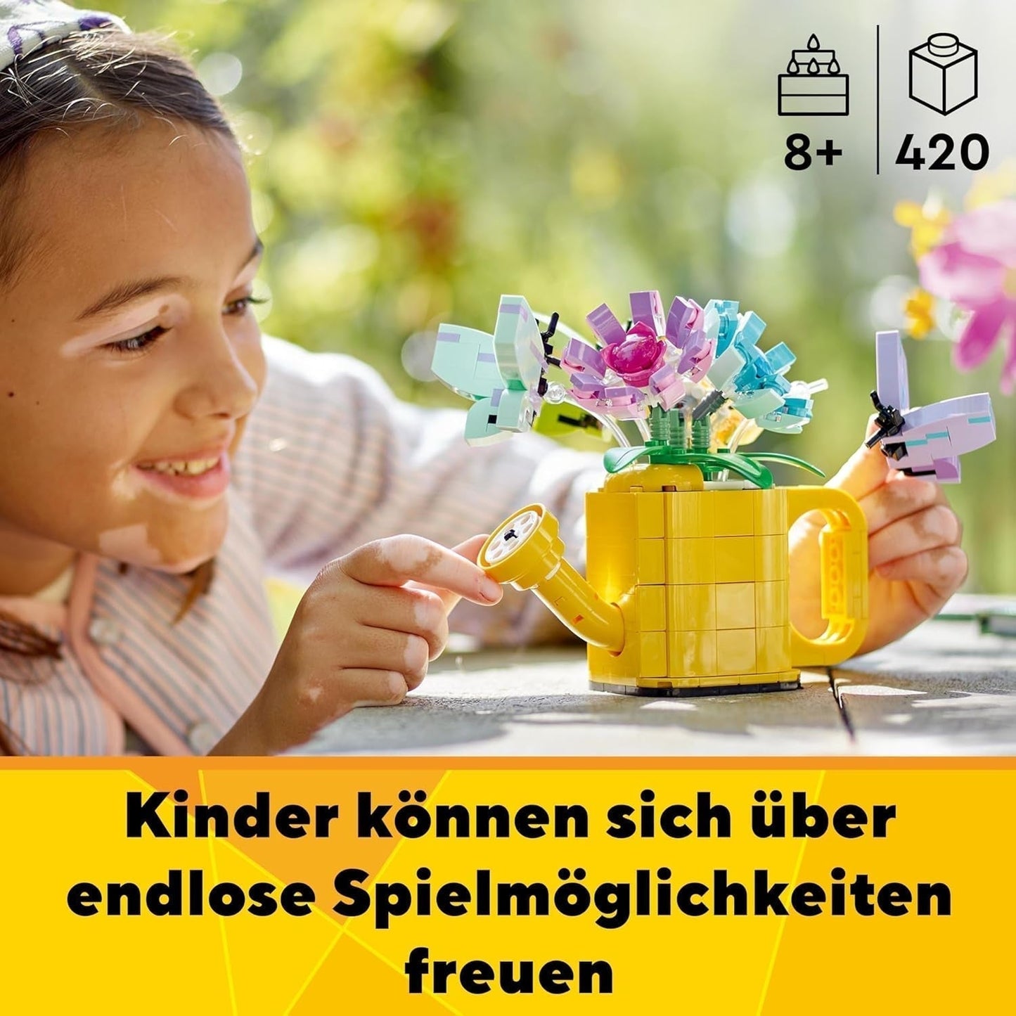 LEGO Creator 3-i-1 blomstersprinklerset, dekoration av barnrum, bygg en sprinkler med en bukett blommor, gummistövlar eller 2 leksaksfåglar, kreativ present till flickor och pojkar 8 år gamla 31149 Byggset Besuche den LEGO-Store
