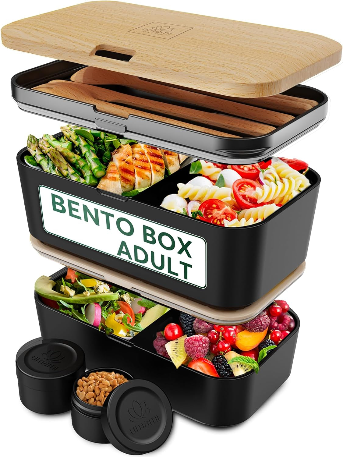 Umami Lunchbox för vuxna, 4 bestick och fack Läcksäker staplingsbar Bento Box, Vuxen Lunchbox, To-go salladsbehållare, Picknick / Office Lunch Box, Kolgrå, 1500ml Naty Shop Black Beech Matförvaringslådor - 1500 ml L - 1500 ml staplingsbara inuti varandra