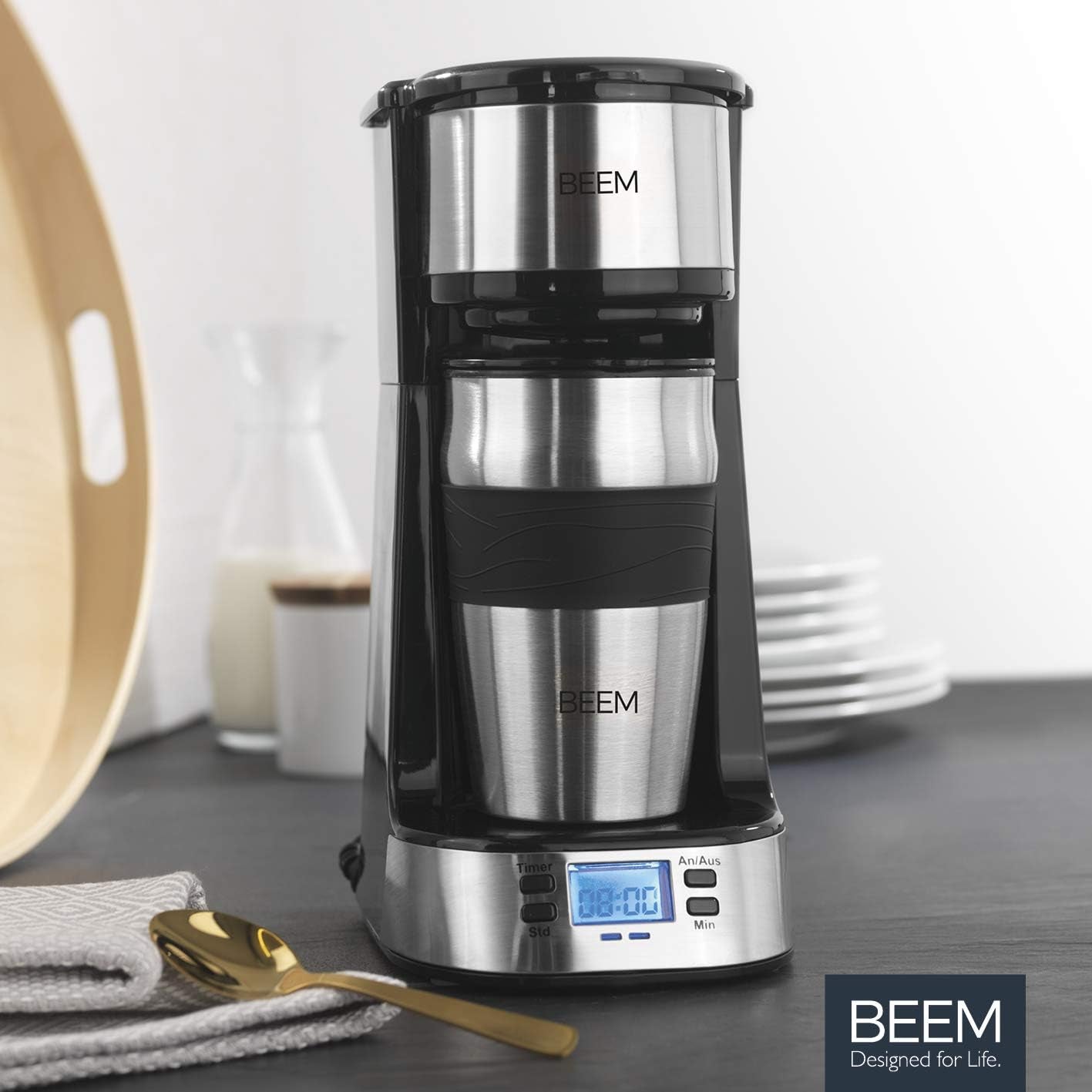 BEEM THERMO 2 GO enkelfilter espressomaskin med 0,4 l termokopp | Permanent filter | Med 24-timmars timer för en varm kopp kaffe på morgonen, ingen väntan | 750 W