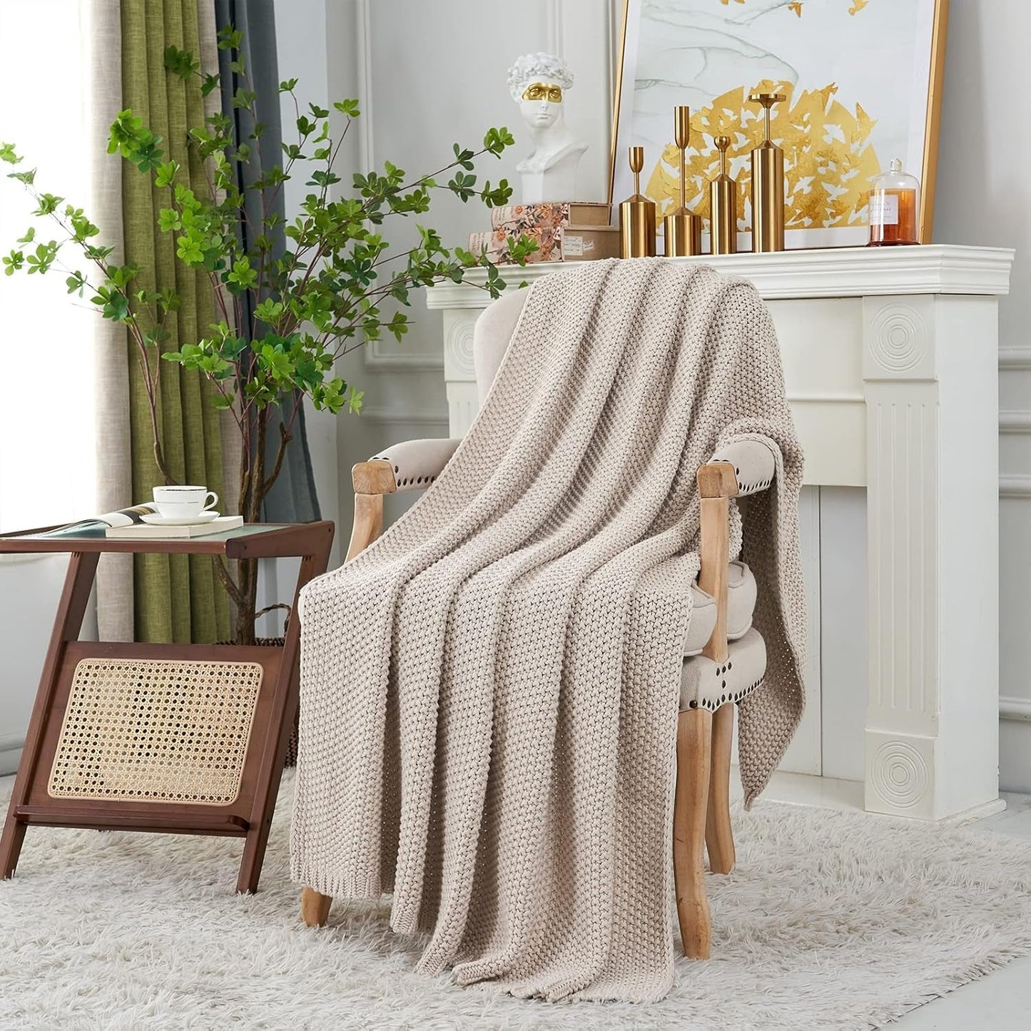 Chunky stickad plädfilt, Lättvikt, Beige, 100 % ekologisk bomull, Filt för soffa, soffa, säng, barn, barnrum, Rustik, Shabby chic, Modern bondgård, 152,4 X 203,2 cm, Inklusive tvättpåse Sängar och filtar Longhui sängkläder