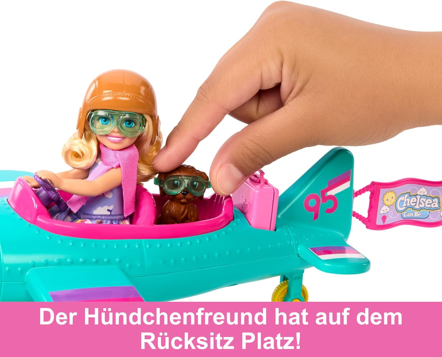 Chelsea Barbie Doll Flygplan och lekset - Pilotdocka, flygplan, valp- och sagotillbehör, spinnhjul och blompropellrar, 3+, HTK38