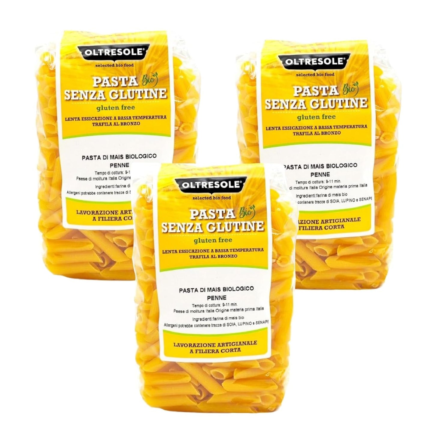 - Pasta di Mais Giallo Biologica Italiana Glutenfri, Formato Penne - glutenfri pasta, 100 % farina di mais giallo ekologisk, vegan, confezione da 3 pacchi da 350 g