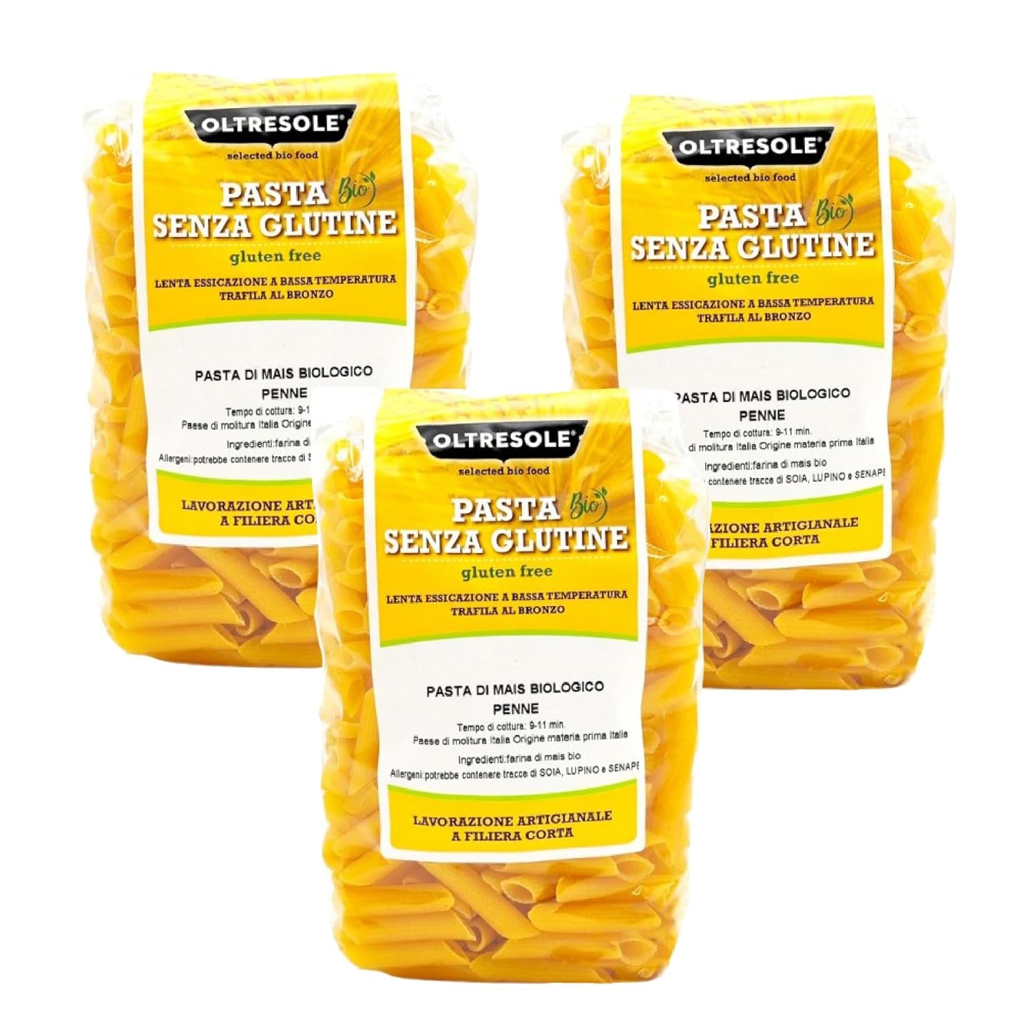 - Pasta di Mais Giallo Biologica Italiana Glutenfri, Formato Penne - glutenfri pasta, 100 % farina di mais giallo ekologisk, vegan, confezione da 3 pacchi da 350 g