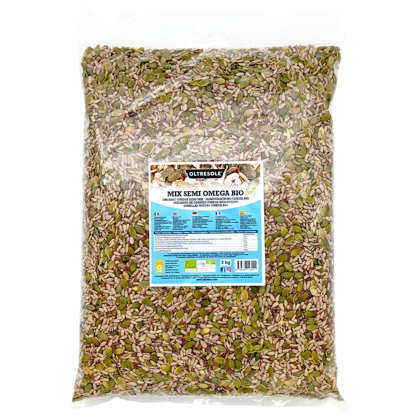Ekologisk Omega Seed Mix 3 kg (blandning av pumpa, solros och linfrön), en blandning av 3 hela råa oljefrön, rika på protein, fibrer och omega-3 fettsyror