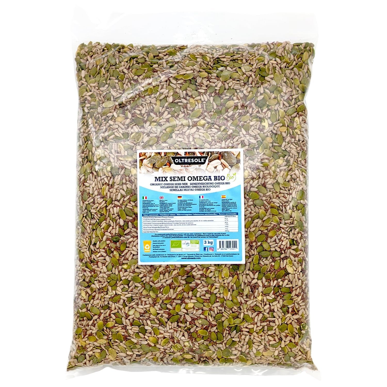 Ekologisk Omega Seed Mix 3 kg (blandning av pumpa, solros och linfrön), en blandning av 3 hela råa oljefrön, rika på protein, fibrer och omega-3 fettsyror
