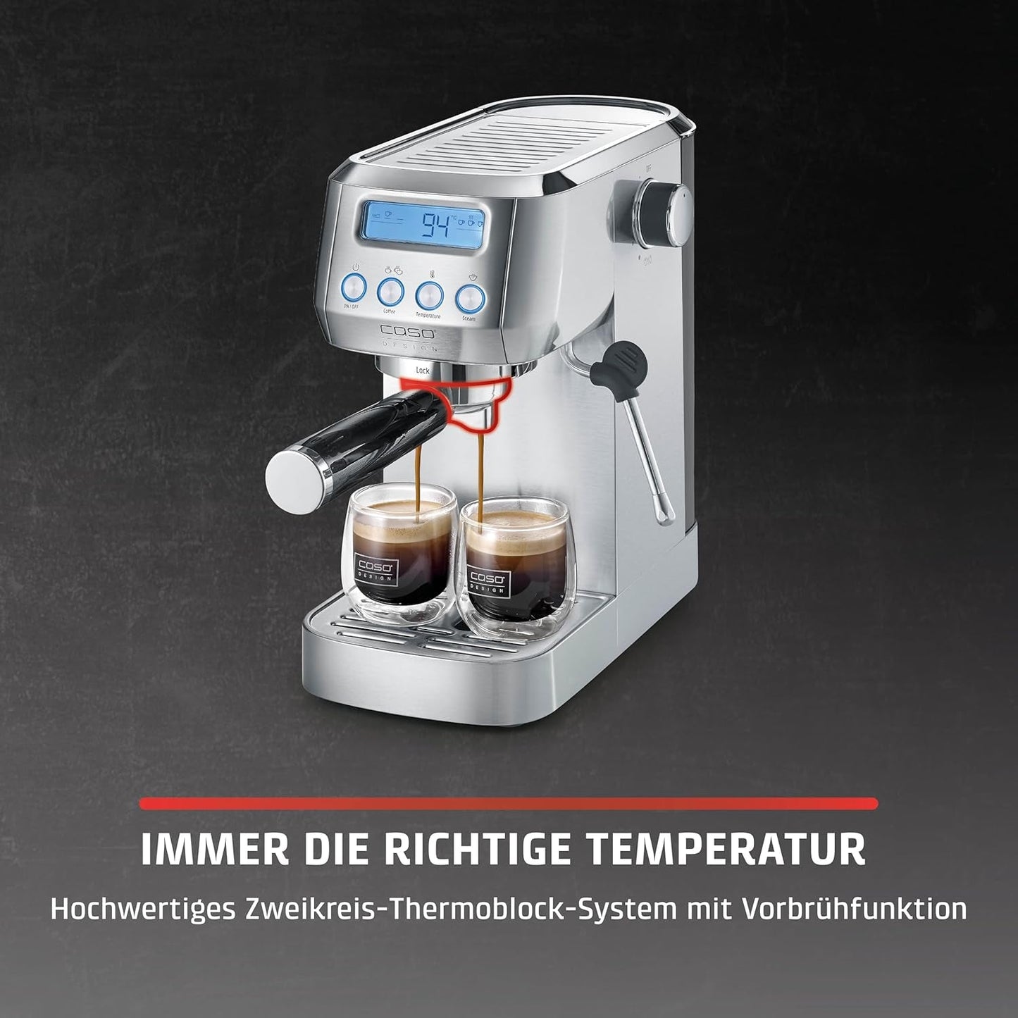 CASO EspressoGourmet Crema - Portafilter espressomaskin med mjölkskummare, espresso, cappuccino, rostfritt stål portafilter, ULKA 20 bar pump, kaffemaskin, malet kaffe, ESE kapslar