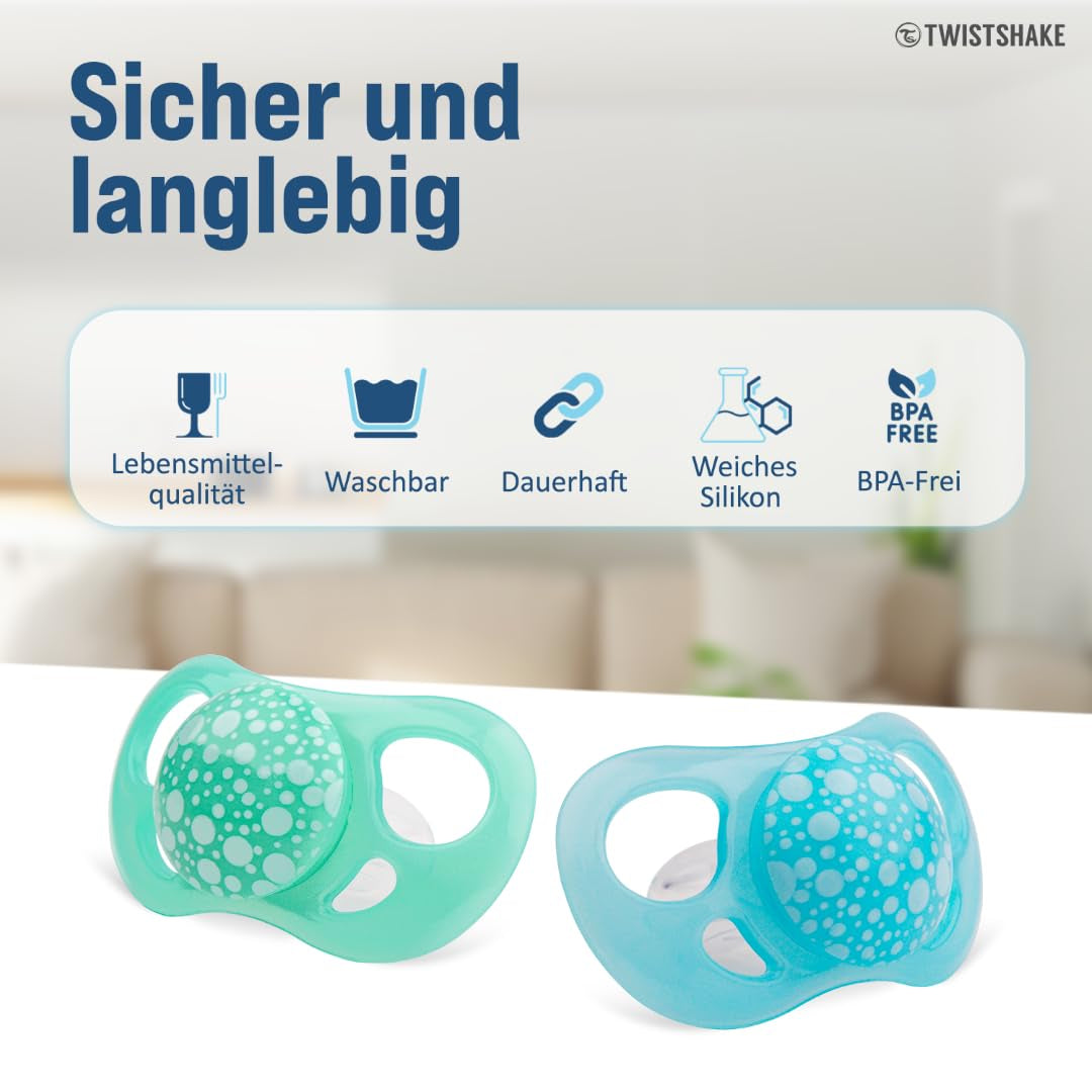 Twistshake babynappar – förpackning om 2 | Ortodontisk form | Ultralätt | Mjuk silikonnapp | BPA-fri | Lämplig för bebisar från 6 månader | Blå Grön