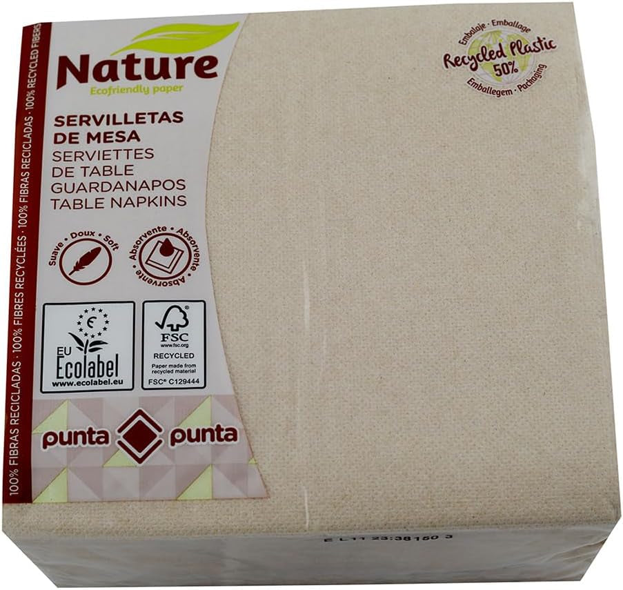 Återvunna pappersservetter, 2-lagers, miljövänlig, 100% återvunna fibrer, 50% återvunnen plastförpackning, 33 X 33 Cm.