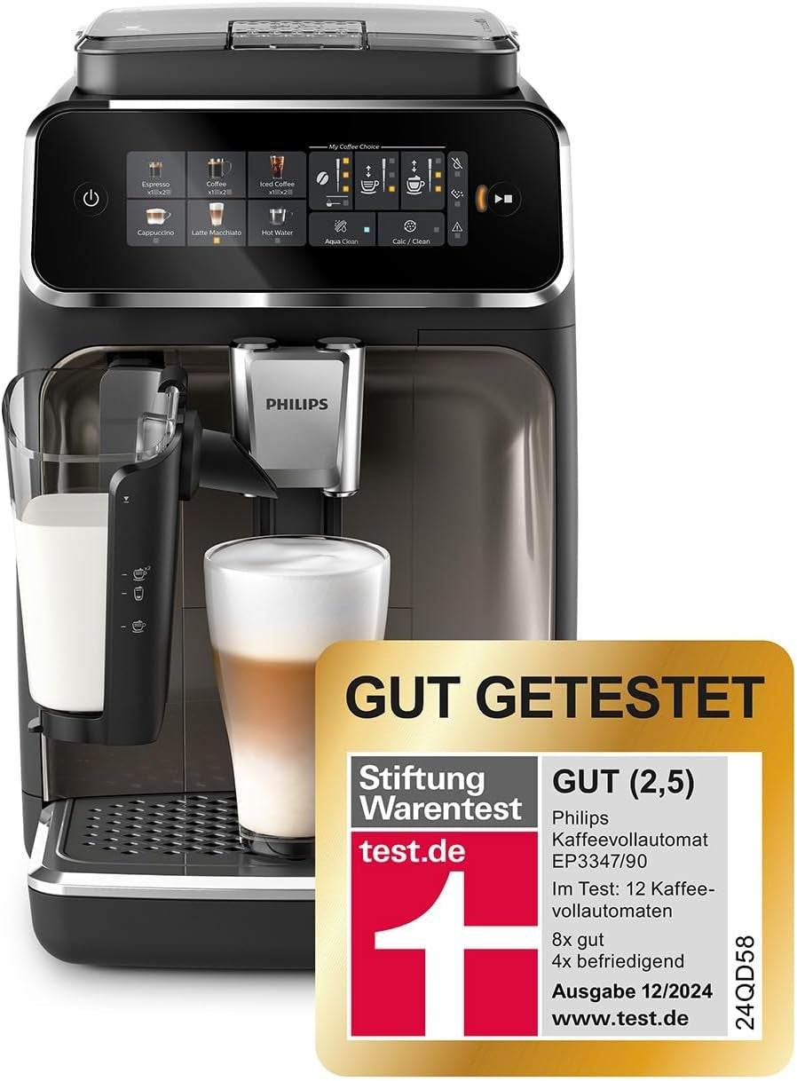 PHILIPS automatisk espressomaskin 3300-serien - 6 drycker, modern färgpekskärm, LatteGo mjölkberedningssystem, SilentBrew, 100% keramisk kvarn, AquaClean-filter. Svart krom (EP3347/90)