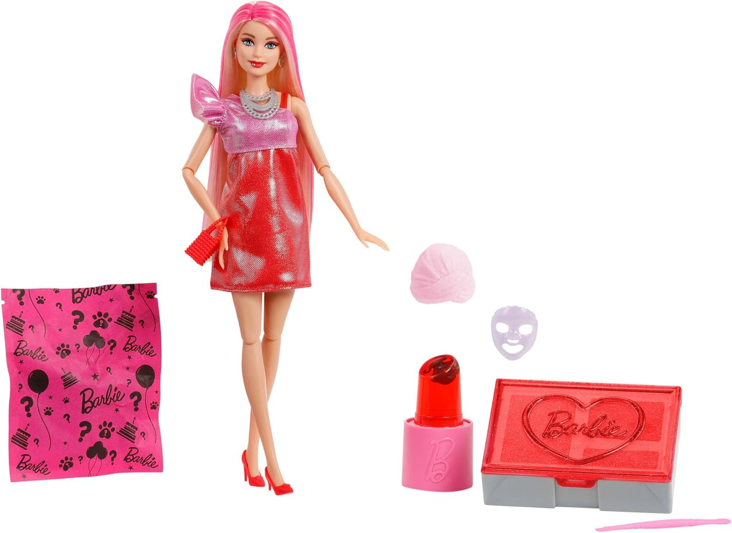 Barbie Partydocka utan låda och tillbehör, Glam Party-serie med 10 överraskningar, inklusive en knallröd docka med färgskiftande effekt, JFY68
