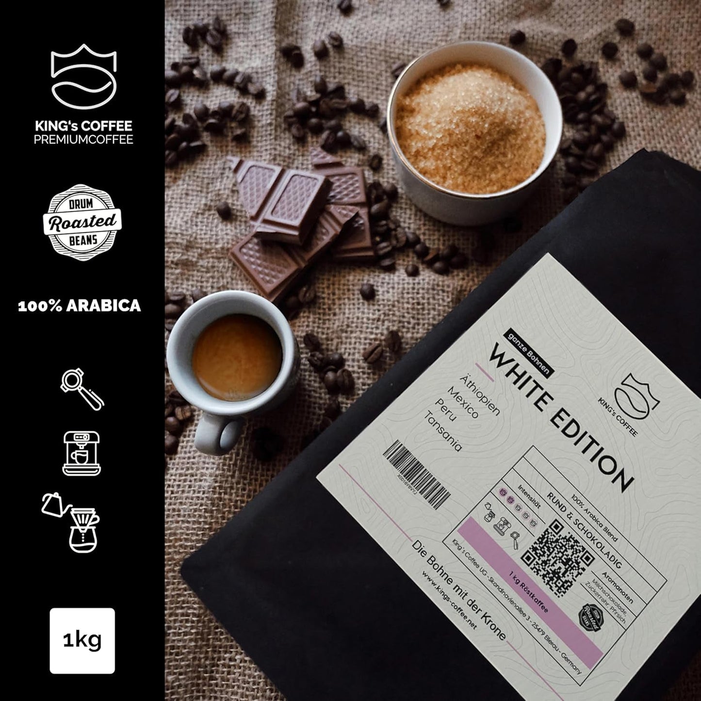 KING'S COFFEE - WHITE EDITION - lätt blandning 100% Arabica från Etiopien, Mexiko, Peru och Tanzania - liten sats rostning i Italien - hela espressobönor för portafiltermaskiner - 1 kg