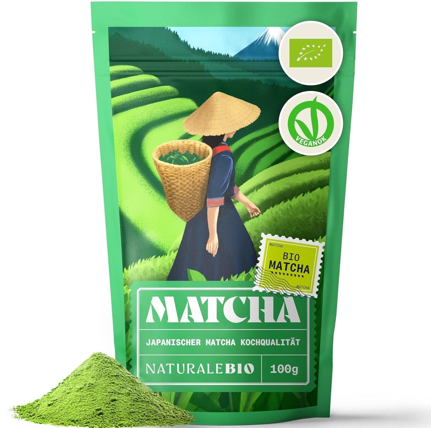 Naturalebio BIO Grönt tepulver 100 g. För matlagning och bakning. Original japansk matcha. Grönt te från Japan, veganskt, glutenfritt och icke-GMO. Naturlig ekologisk produkt.