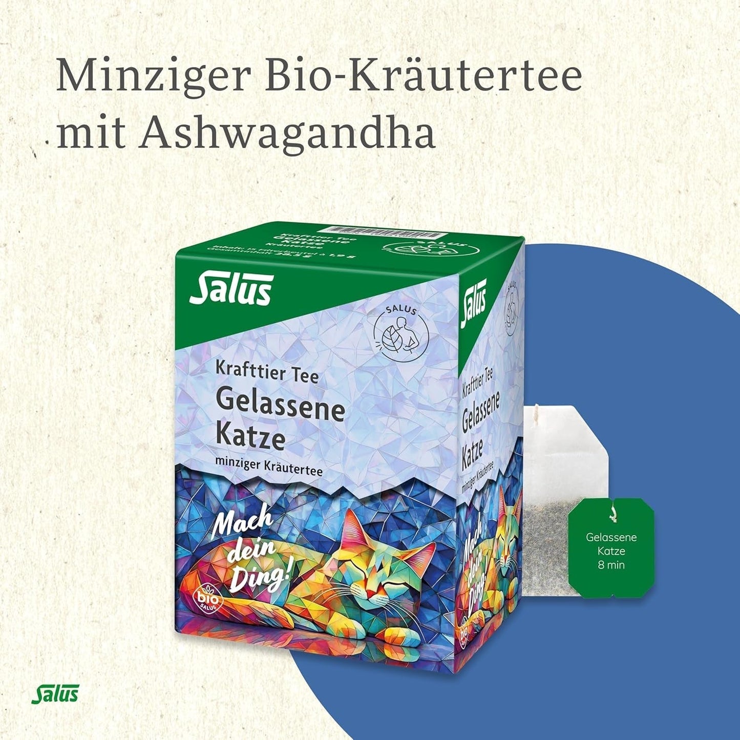 Salus - Krafttier Tea - The Quiet Cat - 1X 15 filterpåsar (28,5g) - Mynta örtte med Ashwagandha - Ekologiskt