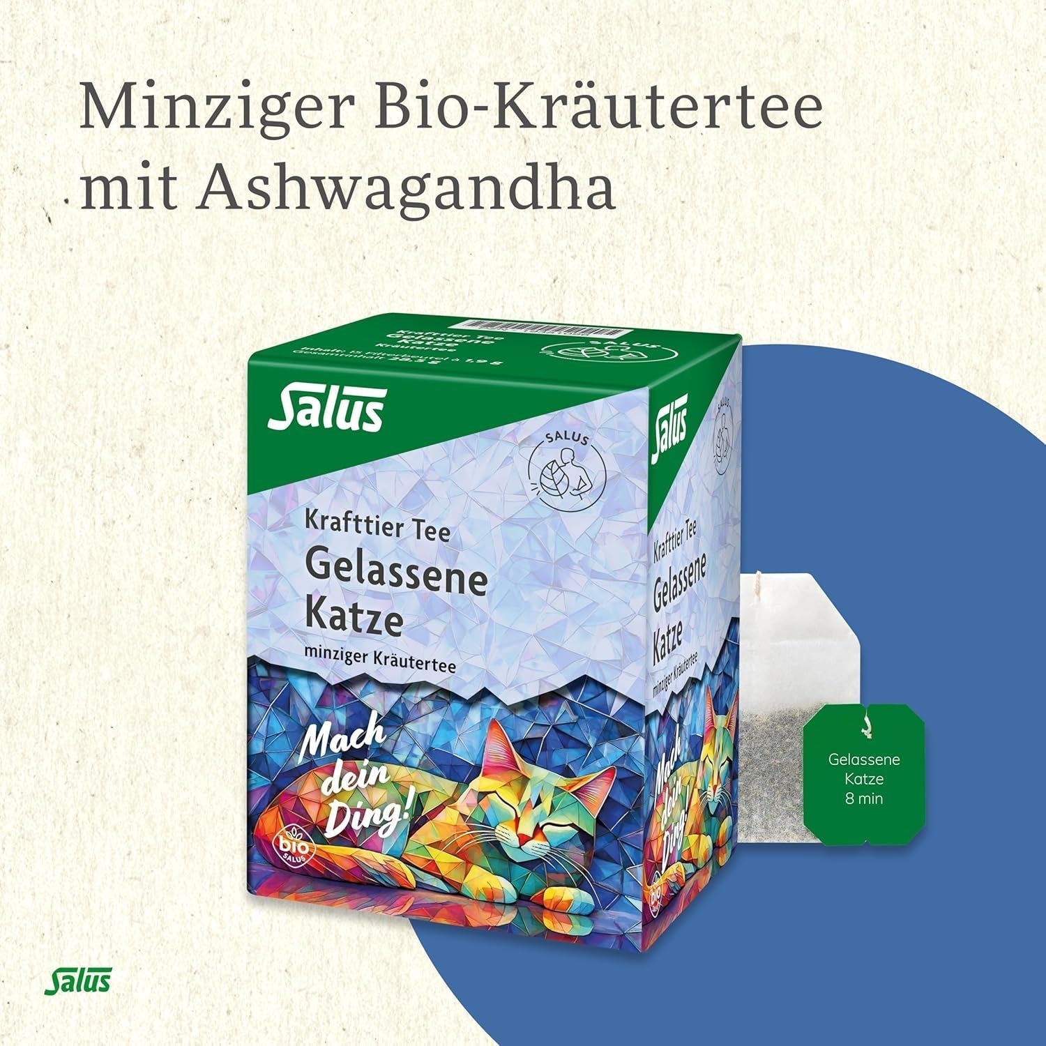 Salus - Krafttier Tea - The Quiet Cat - 1X 15 filterpåsar (28,5g) - Mynta örtte med Ashwagandha - Ekologiskt