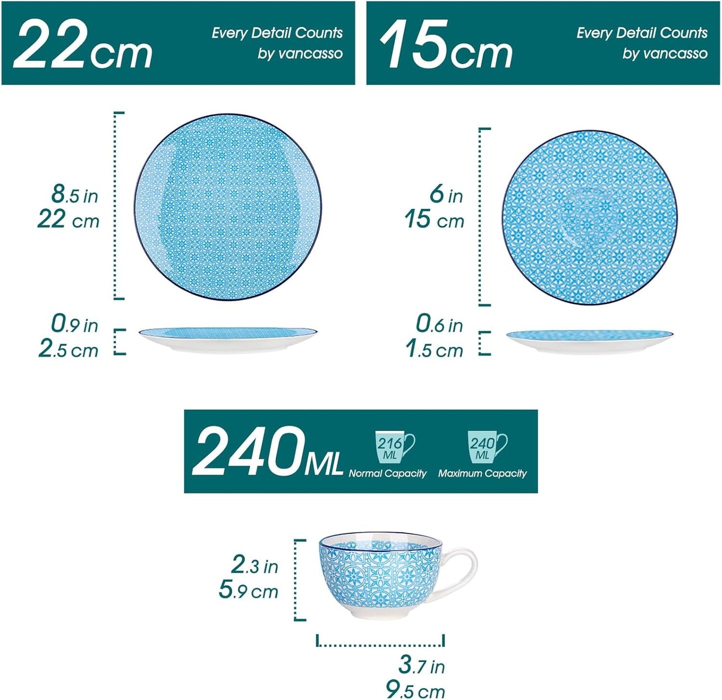 Vancasso Macaron kaffeservis i porslin, 12 delar färgglad kaffeservering för 4-12 personer, koppset, innehåller kaffekoppar, fat och desserttallrikar