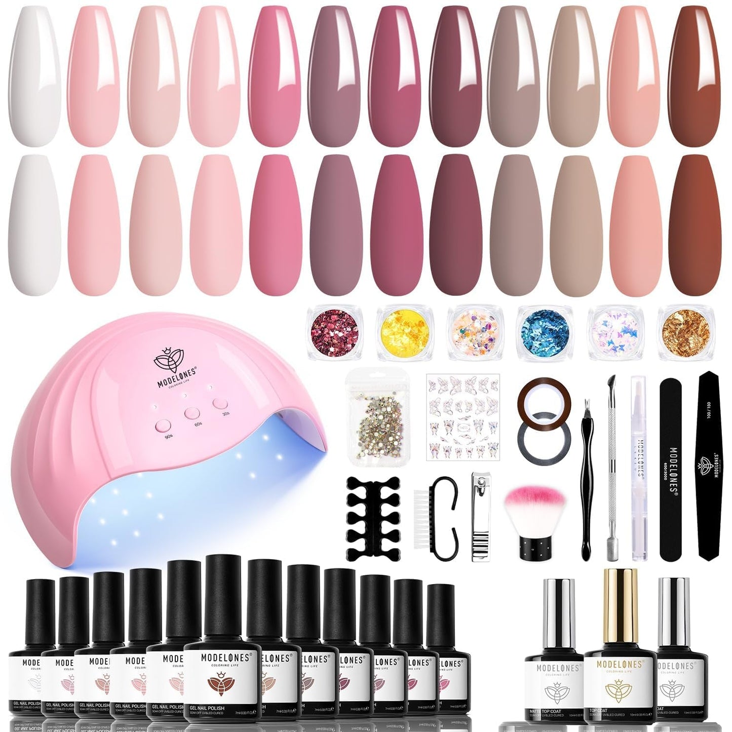 Modelones 35st Gel Nagellack Set, UV Nagellack Set med 48W lampa, Naken Brun Vit Rosa Gel Nagellack Set, UV Gel Nagellack Set med Top Coat Base Nagelstudio Set