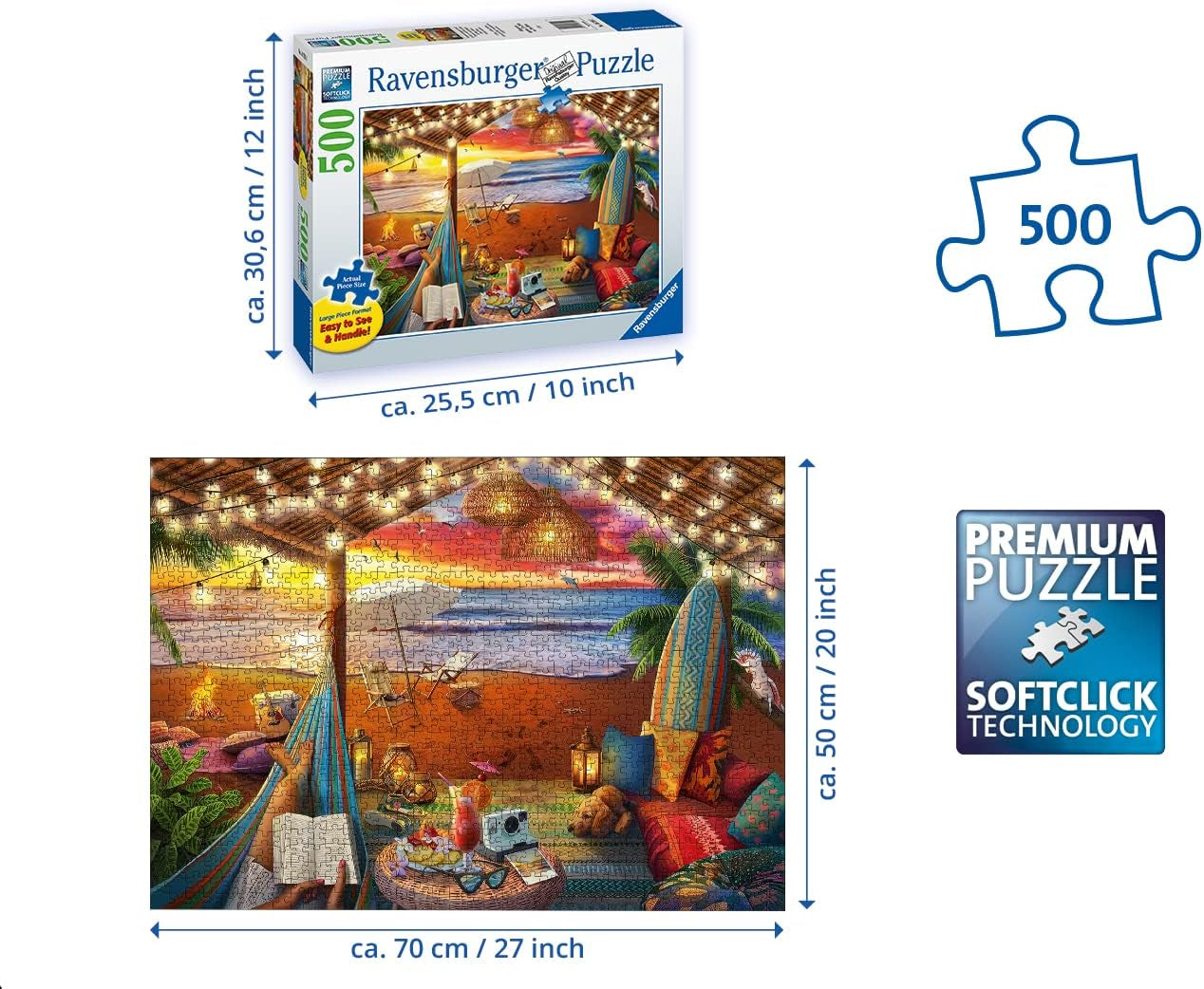 Ravensburger Puzzle 16795 - Sunset on the Beach - 500-bitars pussel för vuxna och barn 10+ med större pusselbitar [Exklusivt på Amazon] Puzzle Naty Shop