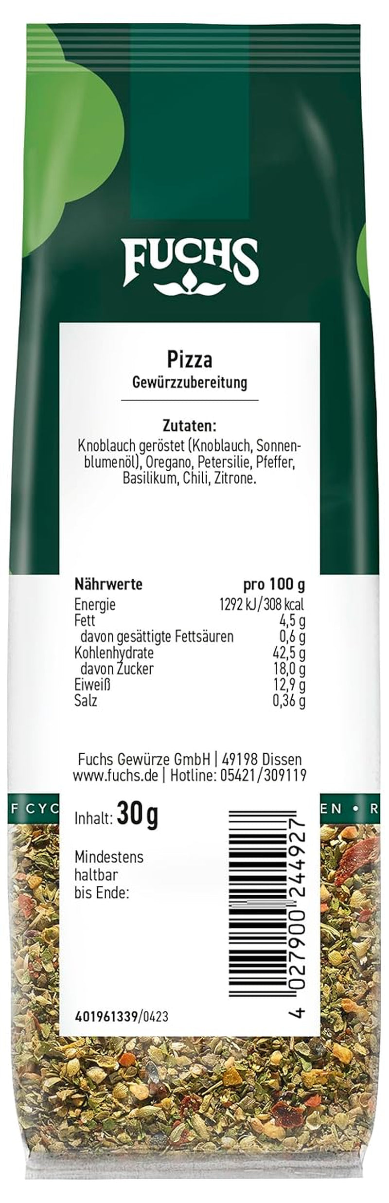 Fuchs Gewürze - Pizza Gewürzzubereitung i återvinningsbar Nachfüllbeutel, Gewürzmischung mit Italianen Kräutern, idealisk för Bruschetta - 30 g