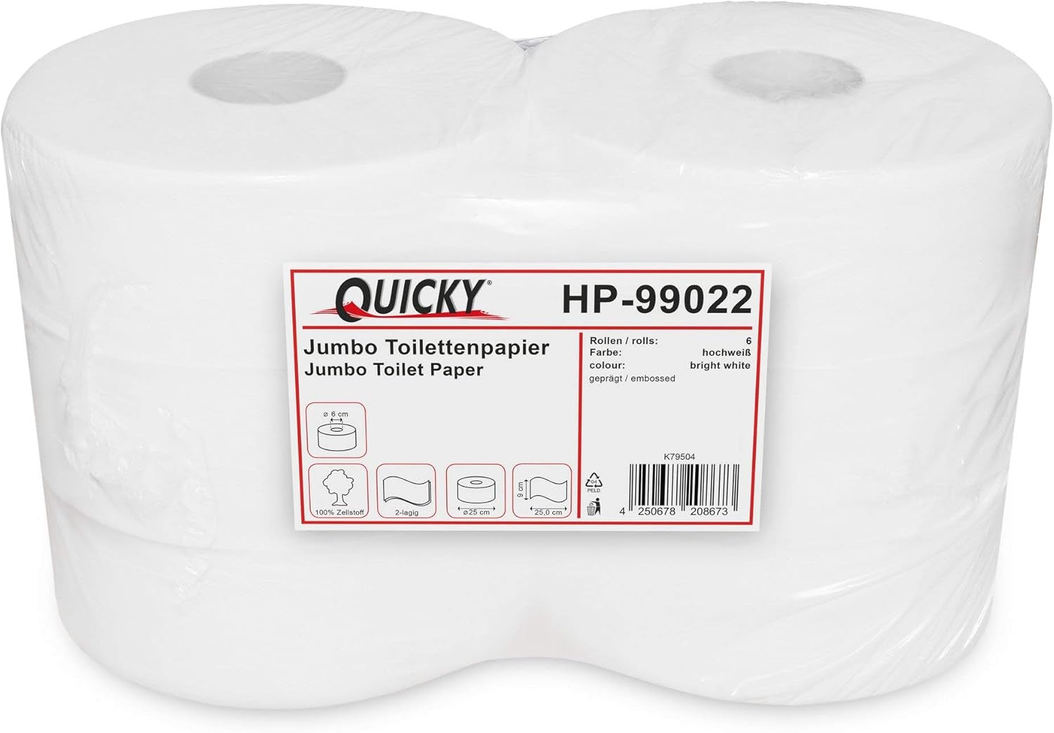 Quicky Jumbo 2-lagers toalettpapper, 25 cm Ø, ljus vit, präglad med fina prickar, 6 rullar - absorberande och rivtåligt för maximal hygien, perfekt för offentliga institutioner och industri