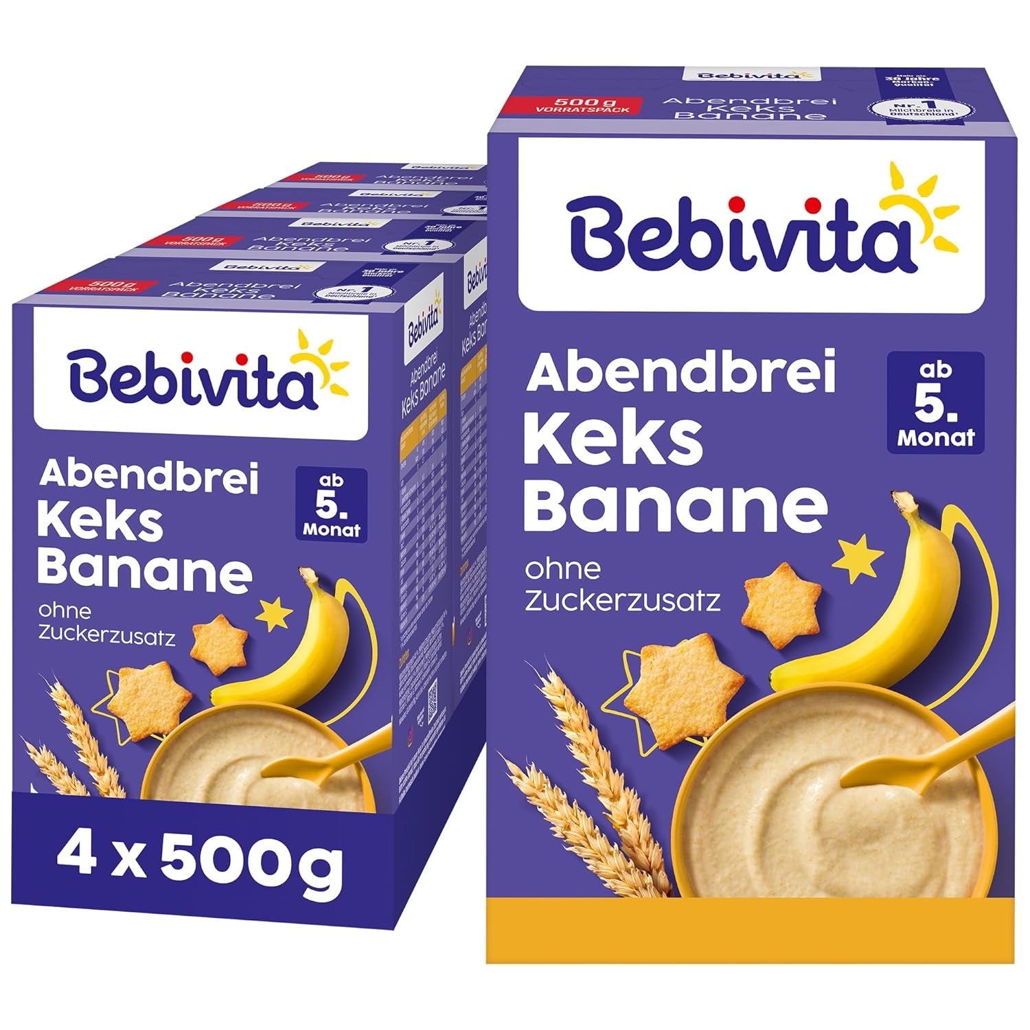 Kvällsgröt med kex och bananer (4x500g), mjölkgröt från 5 månader, utan tillsatt socker, med värdefulla mineraler och vitaminer, mycket mättande