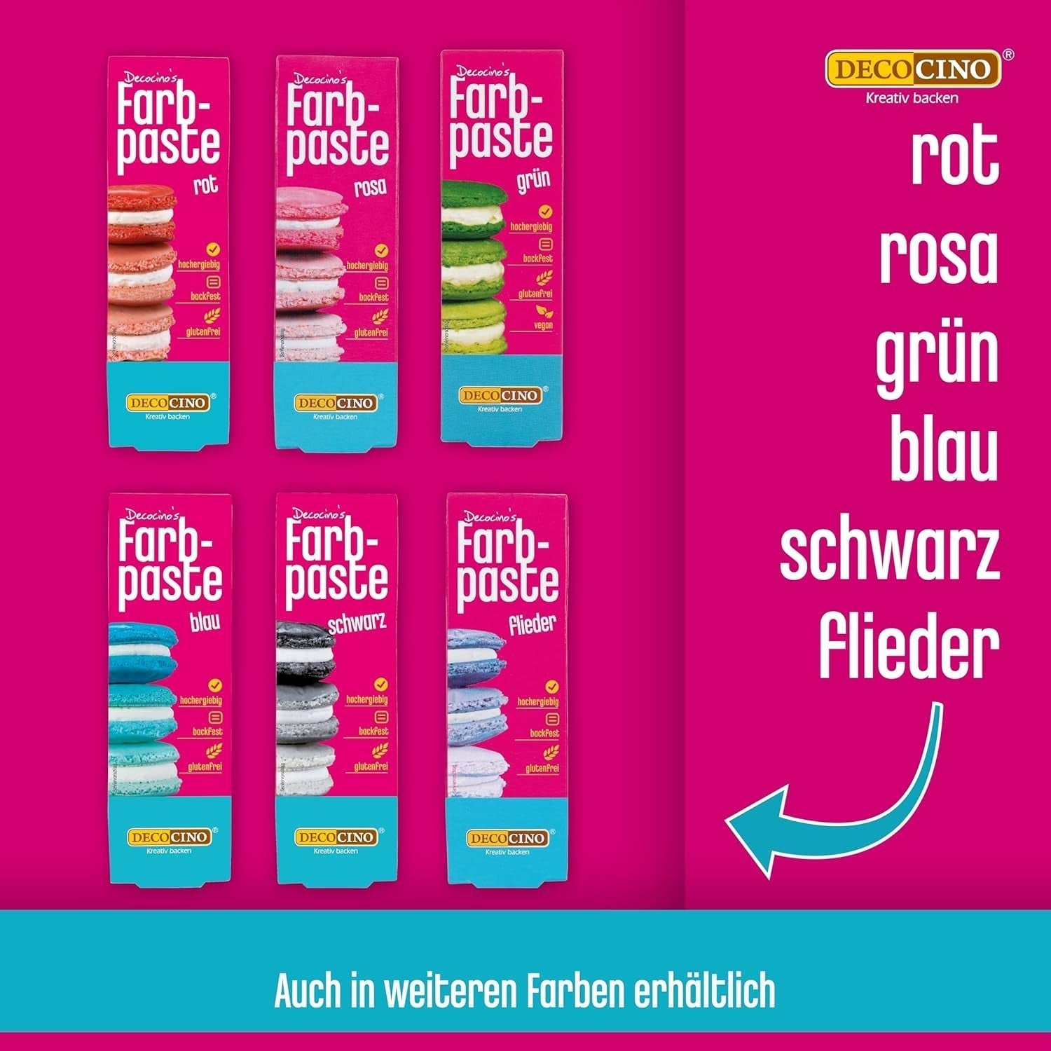 Set med 6 Decocino färgpastor - 6 x 20 g - Livsmedelsfärg i rött, rosa, grönt, gult, blått och svart, perfekt för att färga tårtor, fondant och krämer - Azofri och glutenfri