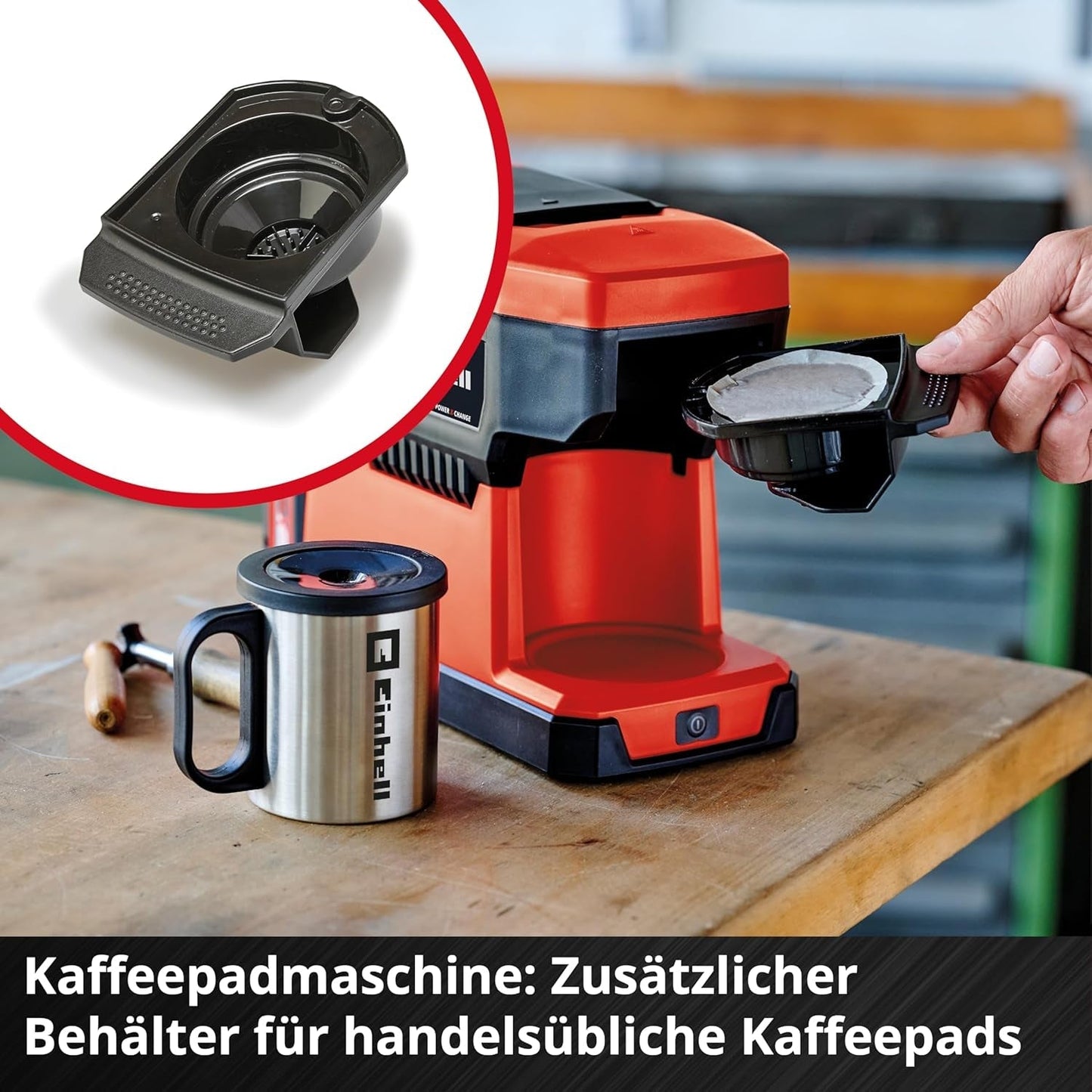 Sladdlös espressomaskin Einhell TE-CF 18 Li-Solo Power X-Change (18 V, 240 ml vattentank, för filterkaffe och kaffekapslar, bärhandtag, inkl. kaffekopp med lock, utan batteri)