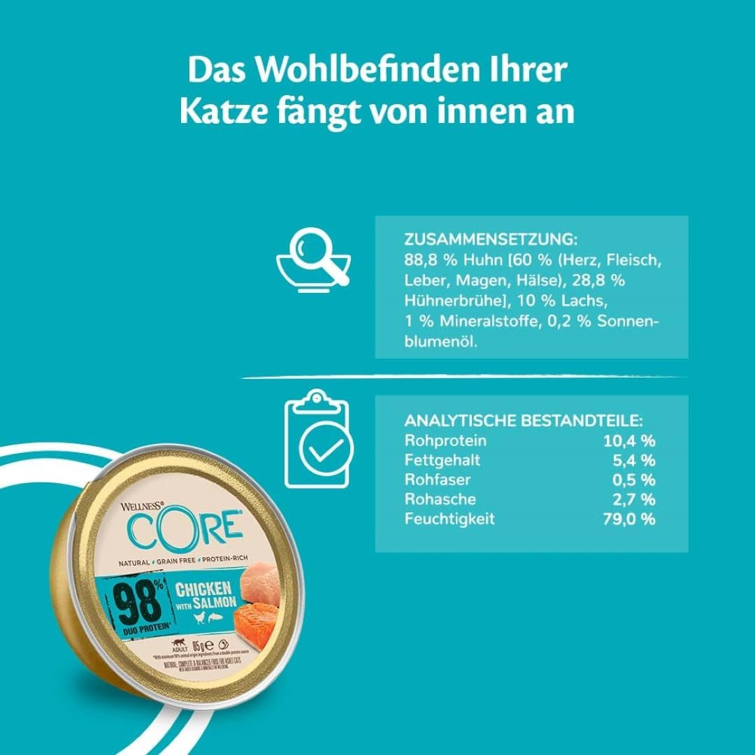 Wellness CORE 98% 12 x 85g, kyckling och lax - våt kattmat, tjock paté, spannmålsfri, naturlig, hypoallergen, hög proteinhalt, hög halt av kött