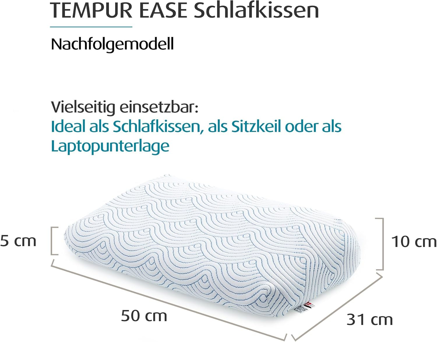 TEMPUR EASE Sovkudde med minnesskum, ergonomisk nackstödskudde för alla sovställningar, fast stöd, 50 X 31 X 10/5 cm, Vita Naty Shop Standardkuddar
