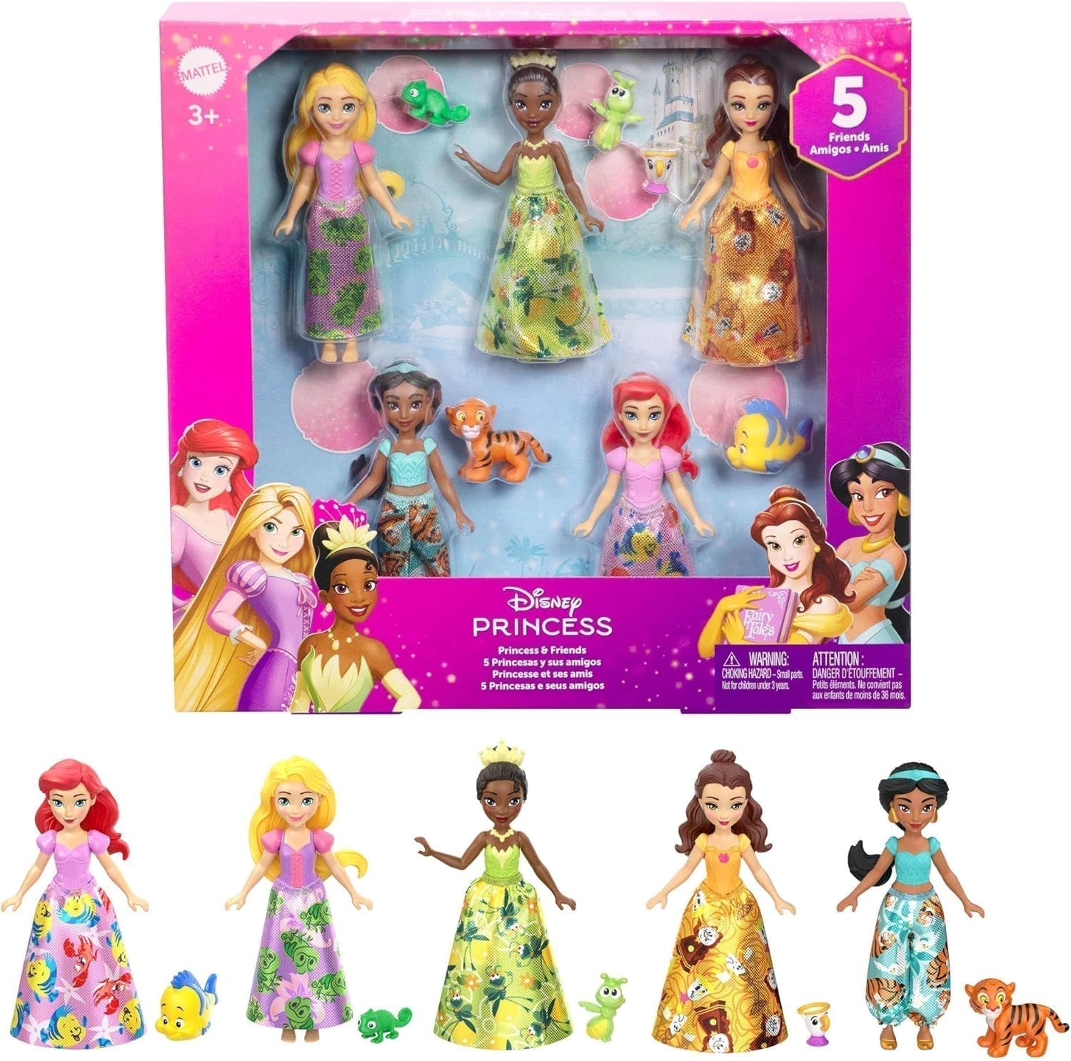 Mattel Disney Princess förvandlar leksetet vagn till slott med liten norrskensdocka, 3 våningar, 6 lekytor, 4 figurer, möbler och tillbehör HWX17 Dolls Naty Shop Friends Set