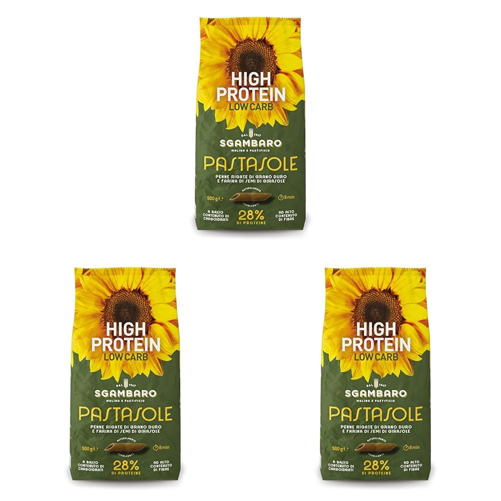 PASTASOLE, Penne Rigate med 100 % italienskt odlad durumvetegryn och solrosfrömjöl - 500g - Högt proteininnehåll, lågt innehåll av kolhydrater, högt innehåll av fibrer (Pack of 3)