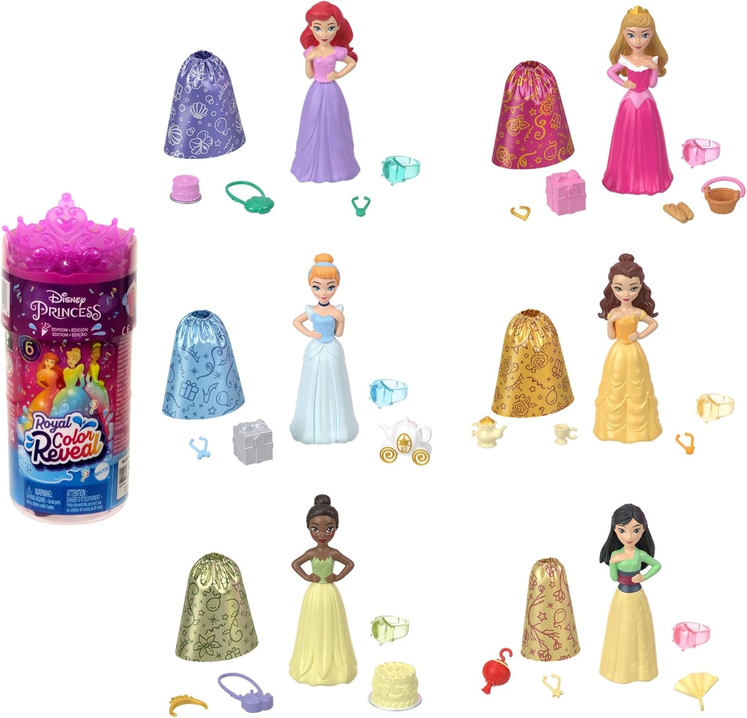 Disney Princess Color Reveal - 6 överraskningsvattenaktiverade dockor, tillbehör, för barn från 3+, Ariel, Tiana, Mulan, Askungen, Belle, Aurora, HPX39