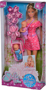 Simba 105730211 - Steffi Love Nanny, med två bebisar, bärsele och bilbarnstol, tillbehör, påklädningsdocka, 29 cm, för barn från 3 år och uppåt